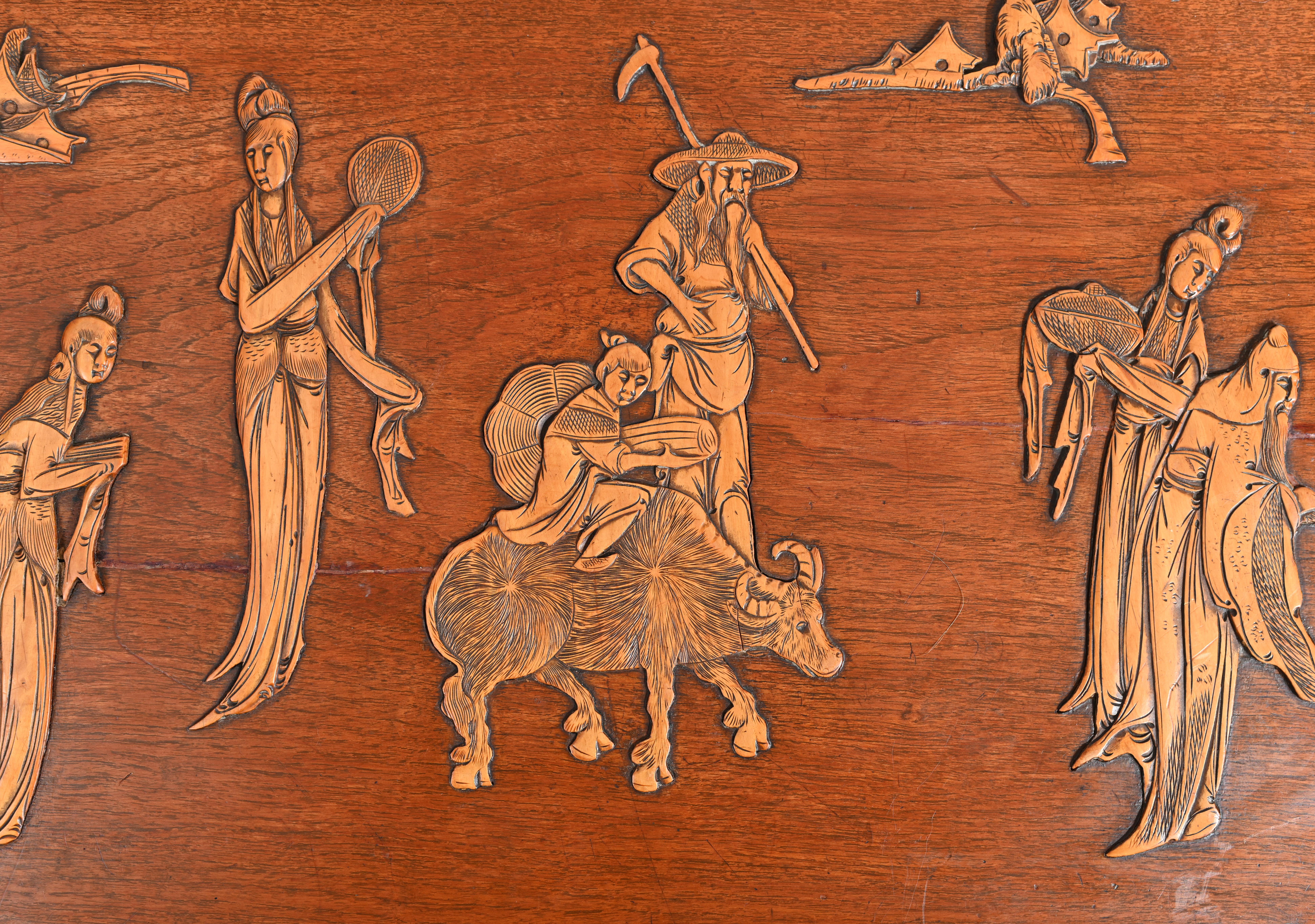 Chinese Camphor Chest Wedding Trunk Carved Figurines, 1910 In Good Condition In Potters Bar, GB