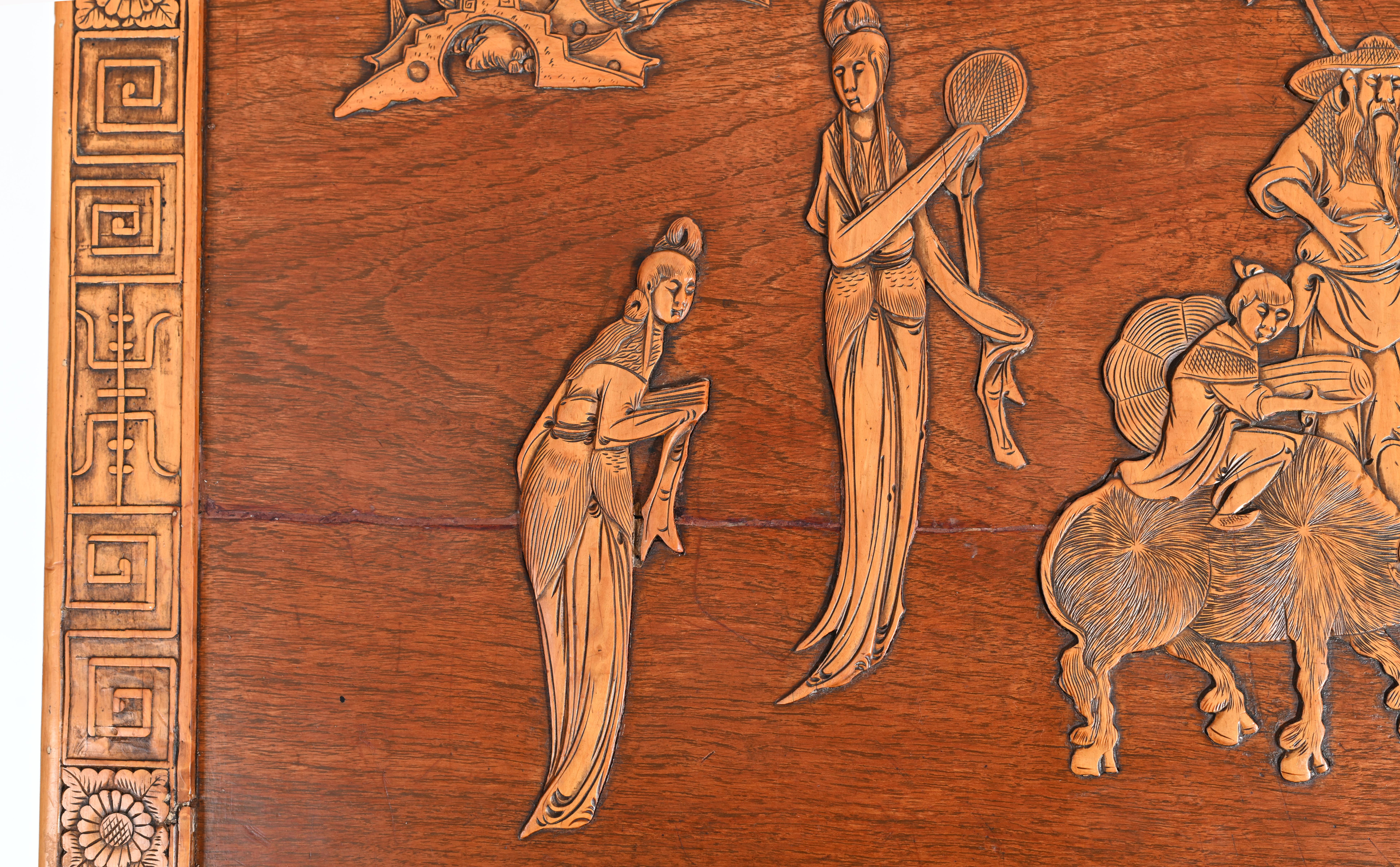 Early 20th Century Chinese Camphor Chest Wedding Trunk Carved Figurines, 1910