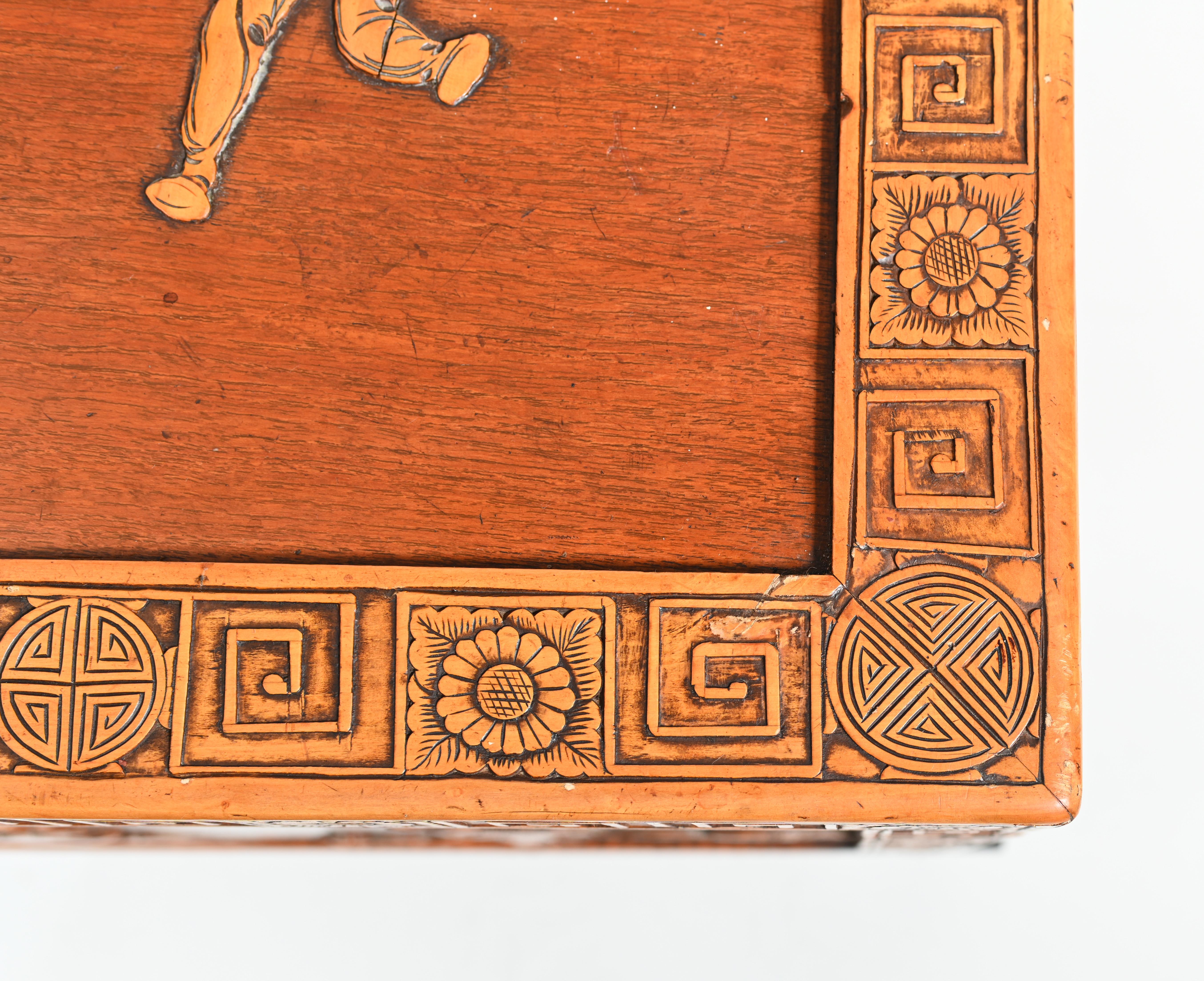 Chinese Camphor Chest Wedding Trunk Carved Figurines, 1910 1