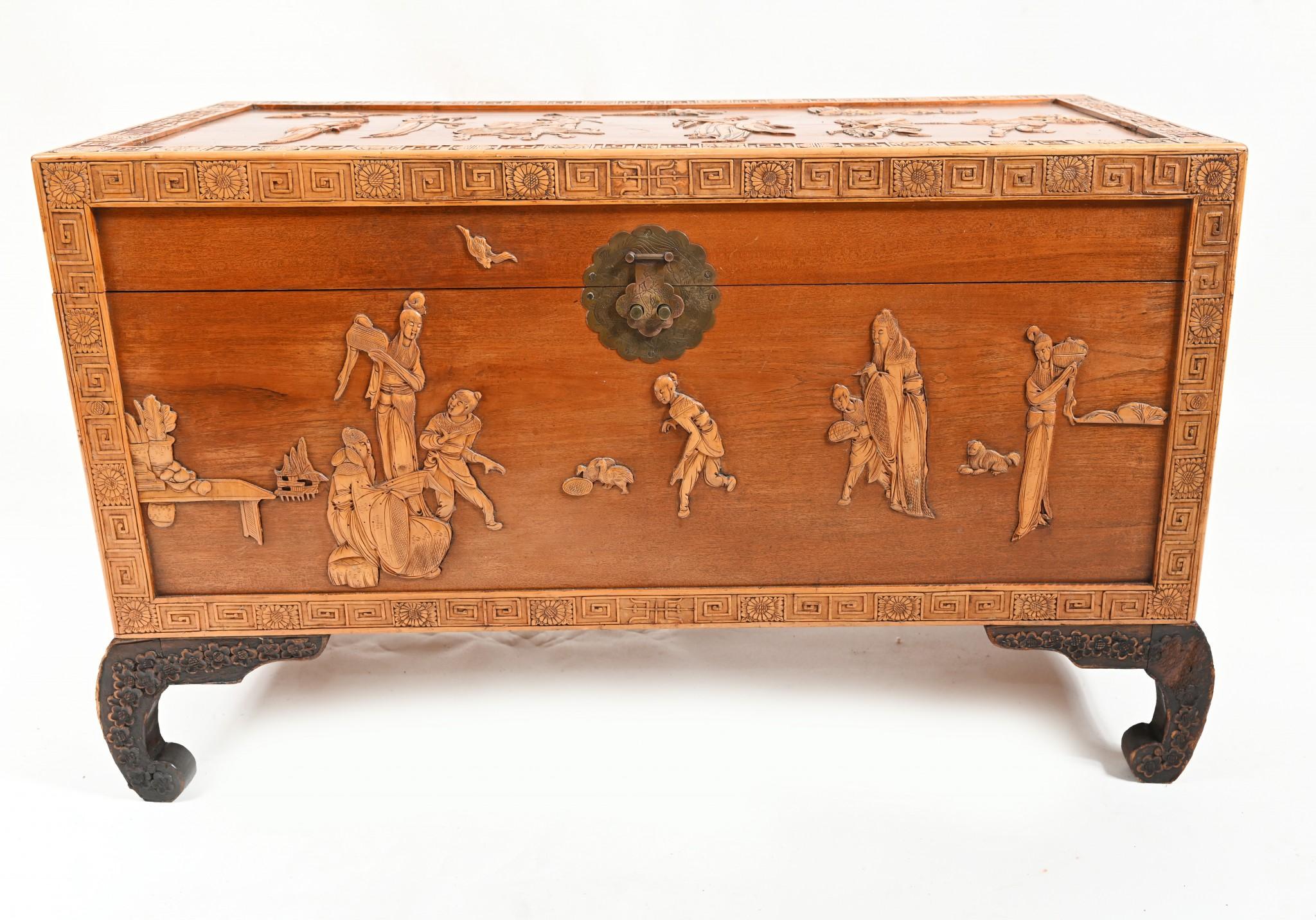 Early 20th Century Chinese Camphor Chest Wedding Trunk Carved Figurines 1910