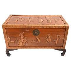 Antique Chinese Camphor Chest Wedding Trunk Carved Figurines, 1910