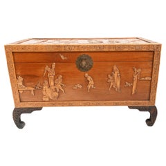 Antique Chinese Camphor Chest Wedding Trunk Carved Figurines 1910