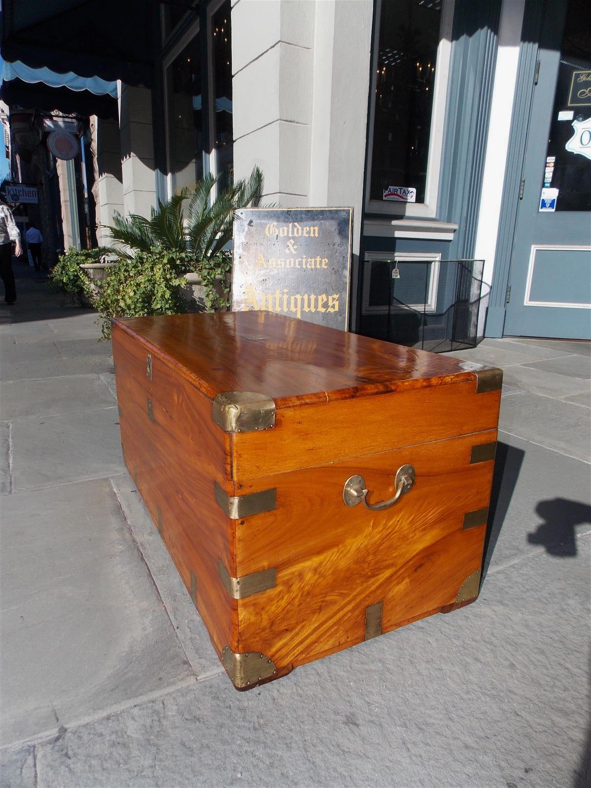 Chinese Camphor Wood Hinged and Brass Mounted Traveling Trunk, Circa 1820 In Excellent Condition In Hollywood, SC