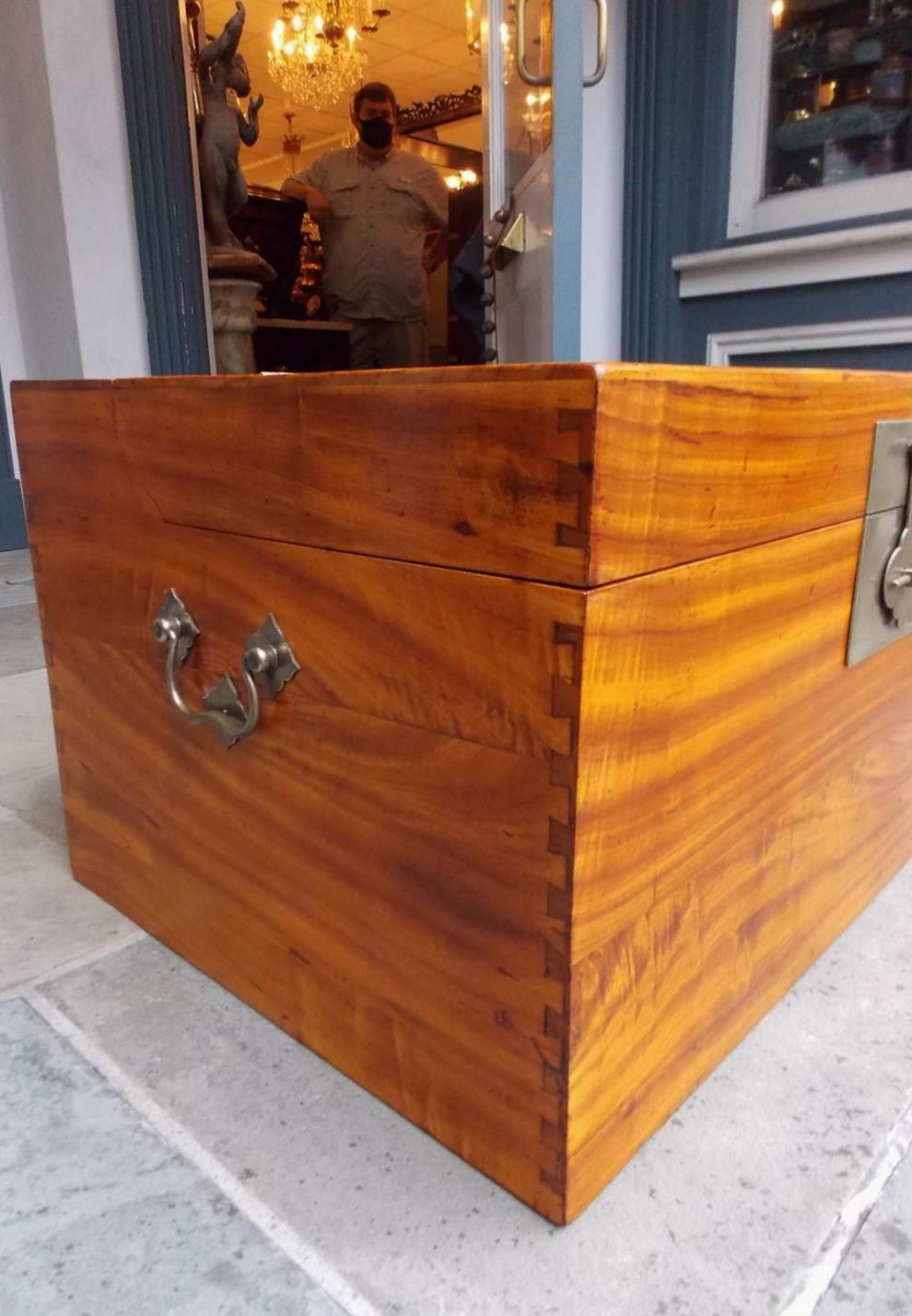 Chinese Camphor Wood Hinged Campaign Trunk with Original Brass Hardware, C. 1815 In Excellent Condition In Hollywood, SC