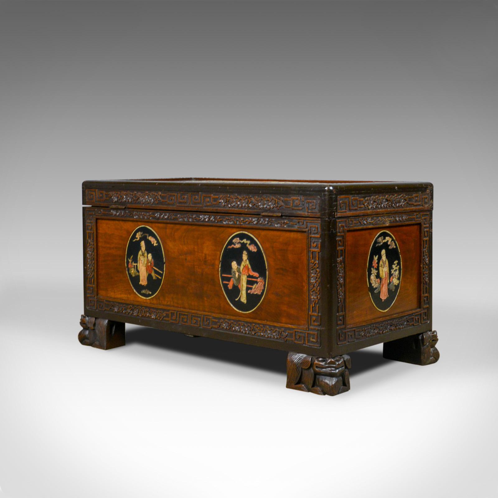 20th Century Chinese Camphorwood Chest, Oriental Inlaid Scenes, Trunk, Art Deco Period