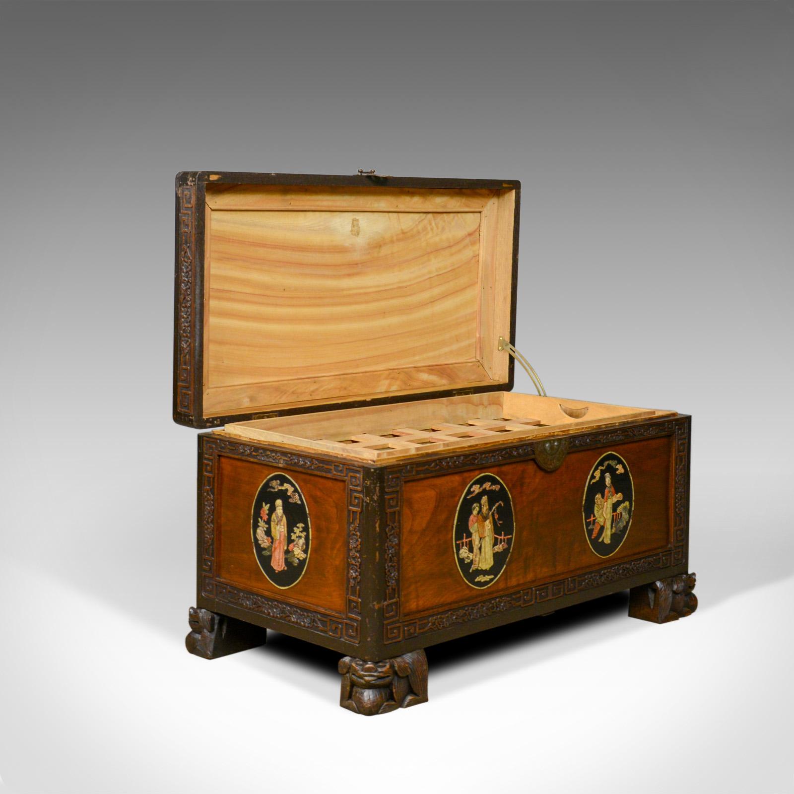 Wood Chinese Camphorwood Chest, Oriental Inlaid Scenes, Trunk, Art Deco Period