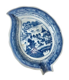 Chinese Canton Blue and White Leaf Form Dish
