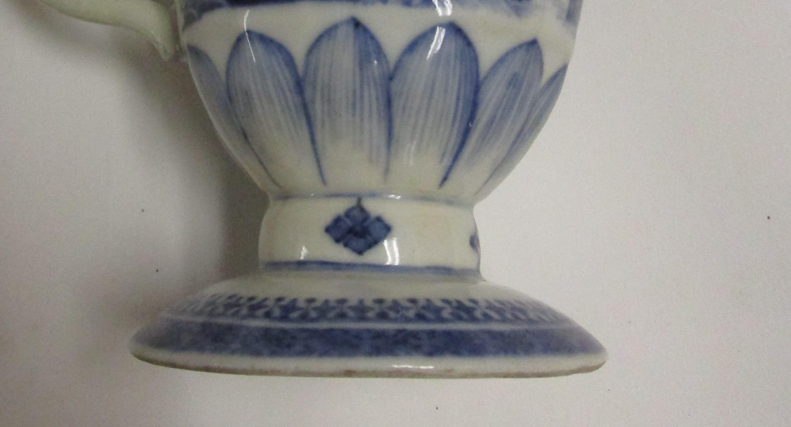 Chinese Canton Blue and White Porcelain Helmet Shaped Creamer In Good Condition In Savannah, GA