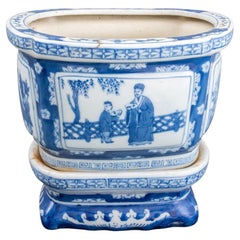 Chinese Canton Blue and White Tree Pot on Stand