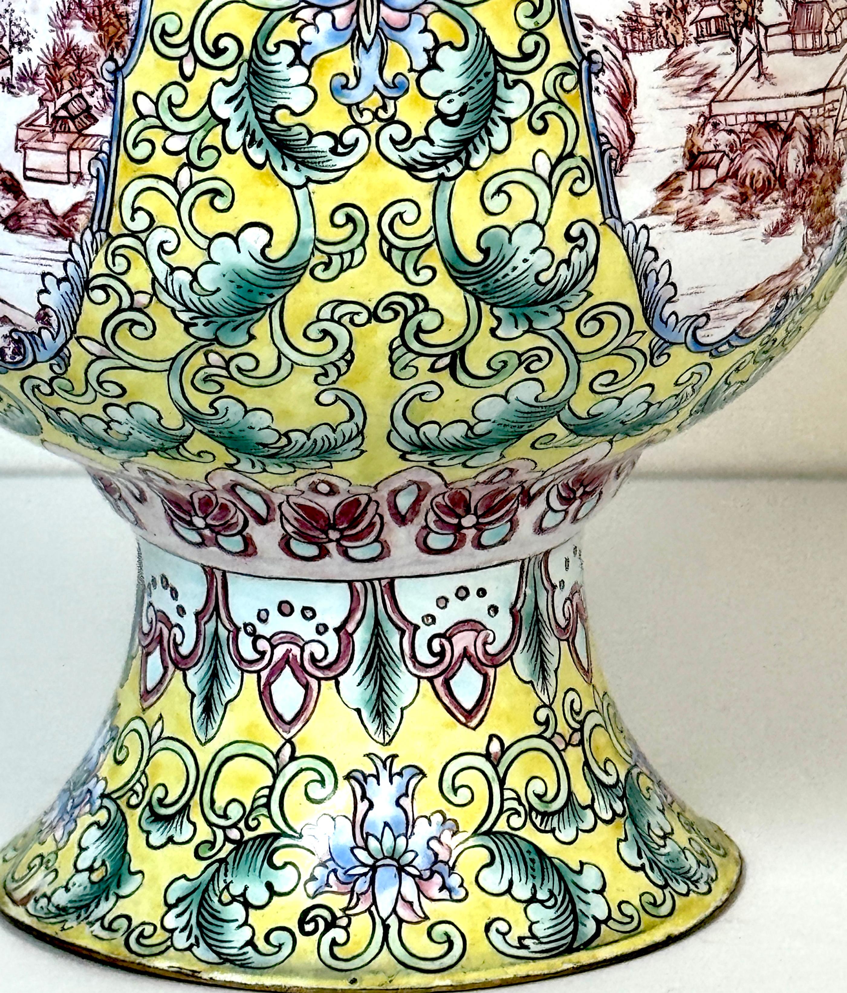 Chinese Canton Enamel Baluster Vase & Cover with 4 Landscape Reserves, 20th C. For Sale 3