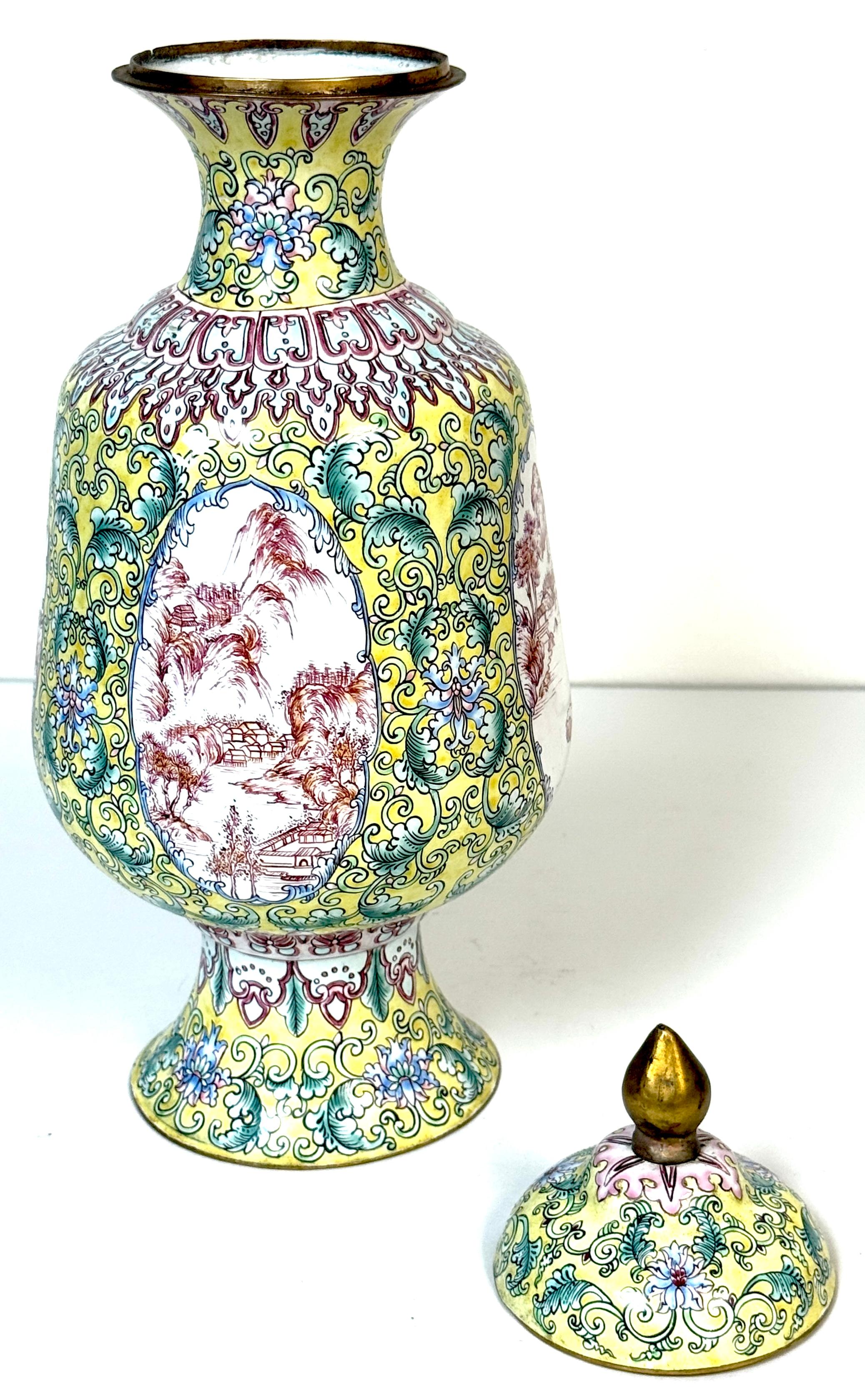 Chinese Canton Enamel Baluster Vase & Cover with 4 Landscape Reserves, 20th C. For Sale 4