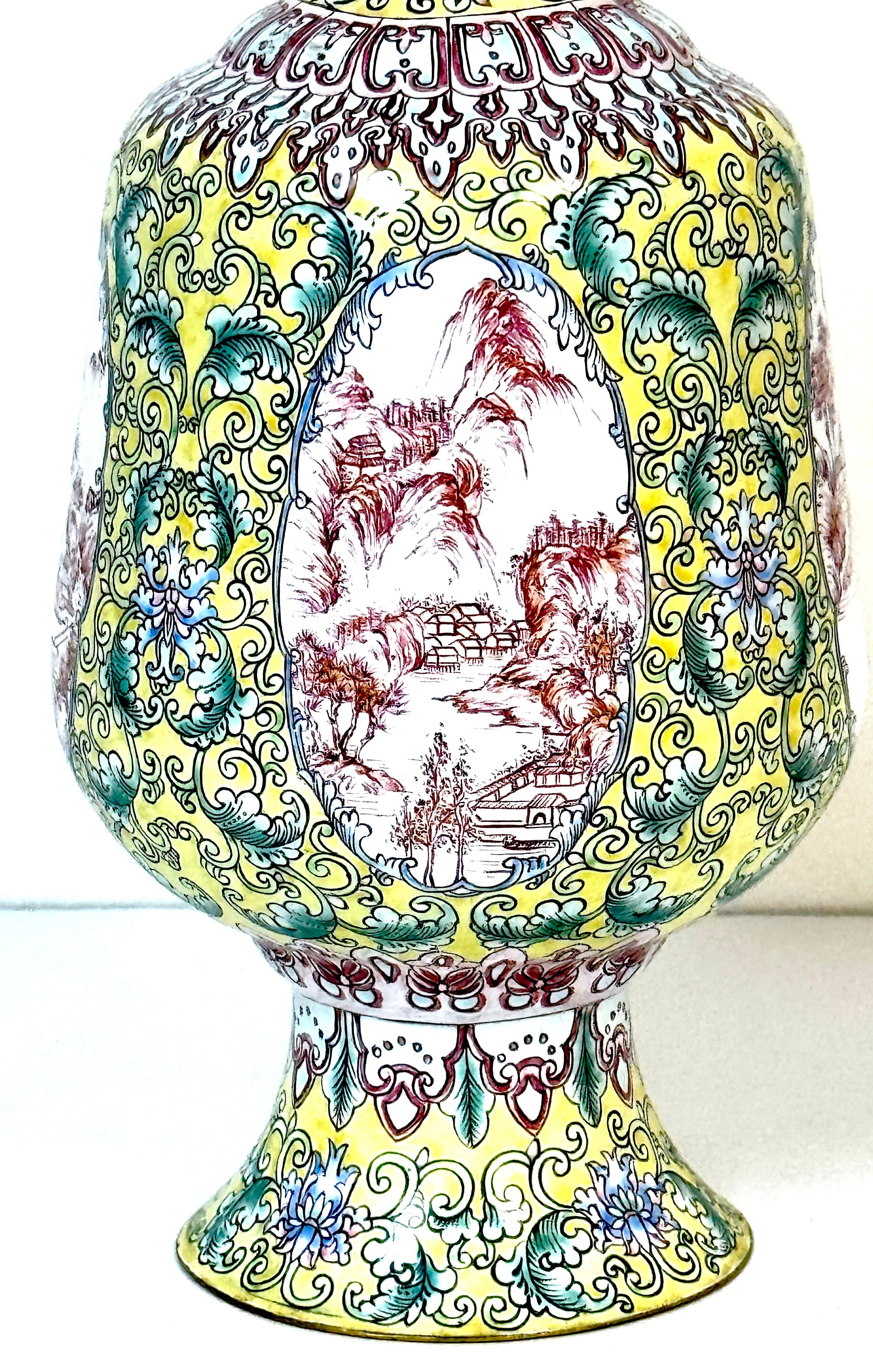 Chinese Export Chinese Canton Enamel Baluster Vase & Cover with 4 Landscape Reserves, 20th C. For Sale