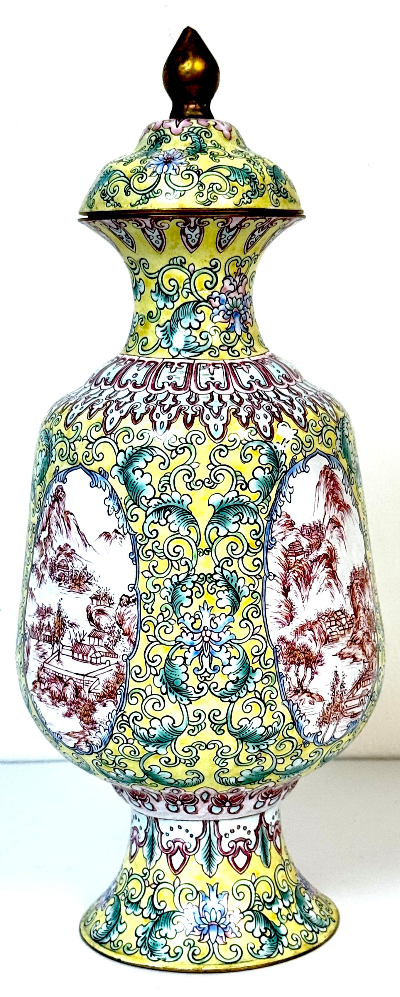 Chinese Canton Enamel Baluster Vase & Cover with 4 Landscape Reserves, 20th C. In Good Condition For Sale In West Palm Beach, FL