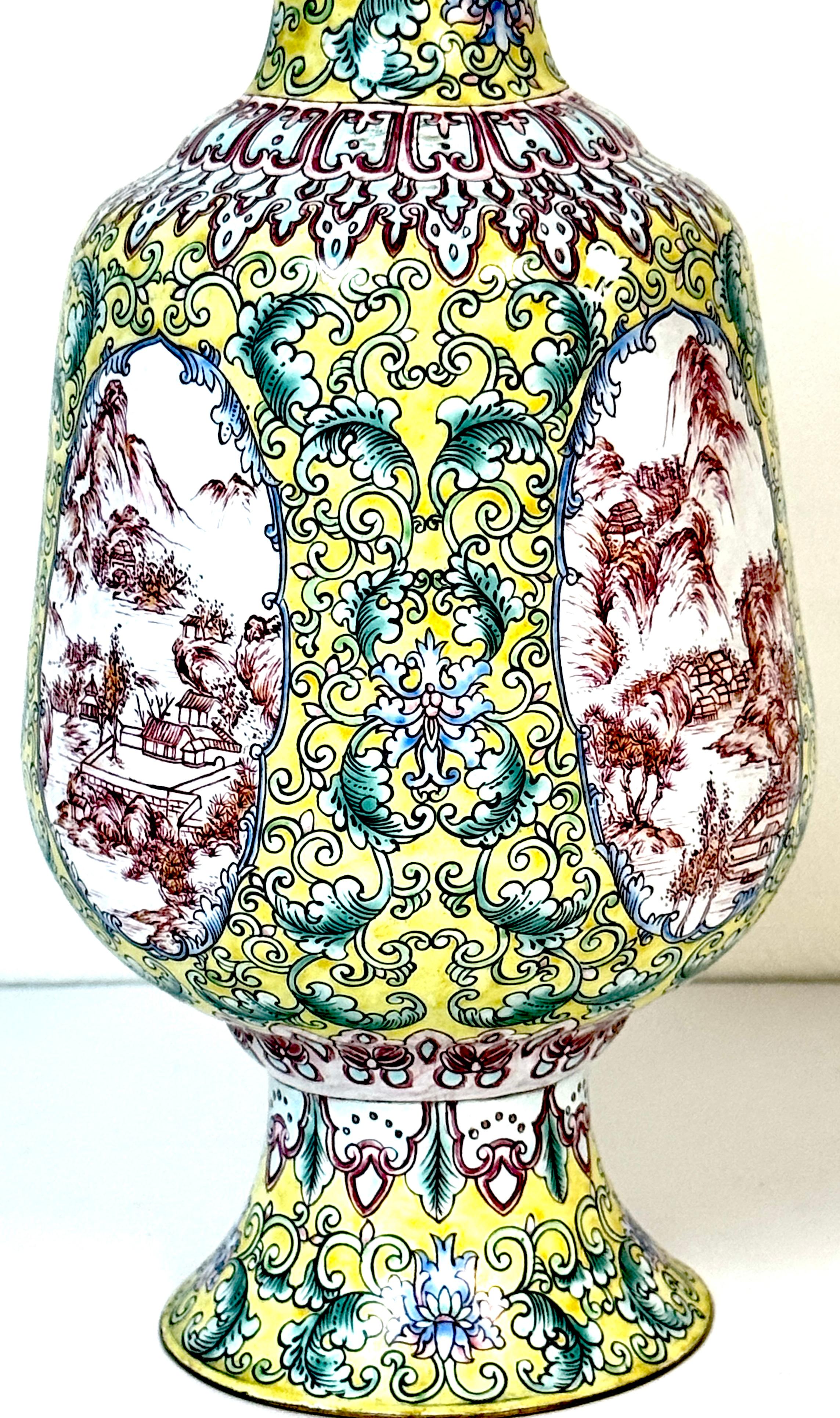 20th Century Chinese Canton Enamel Baluster Vase & Cover with 4 Landscape Reserves, 20th C. For Sale