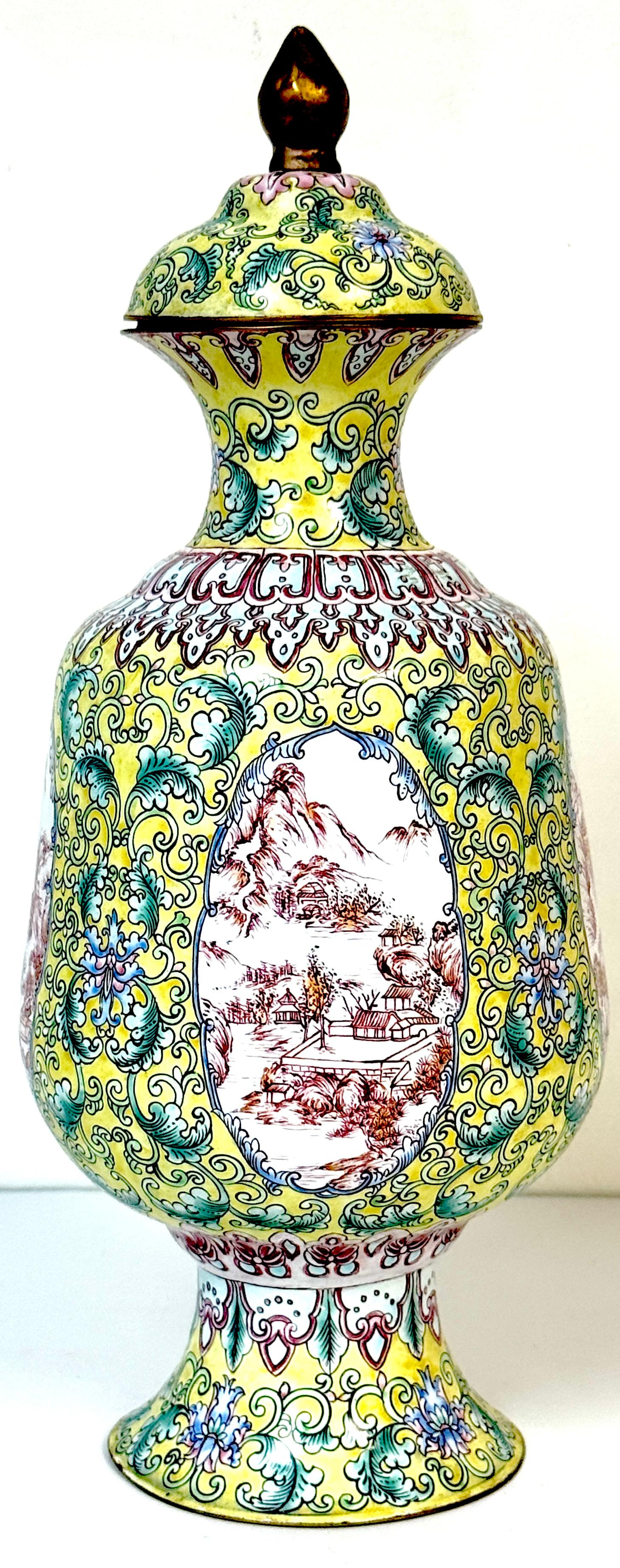 Copper Chinese Canton Enamel Baluster Vase & Cover with 4 Landscape Reserves, 20th C. For Sale