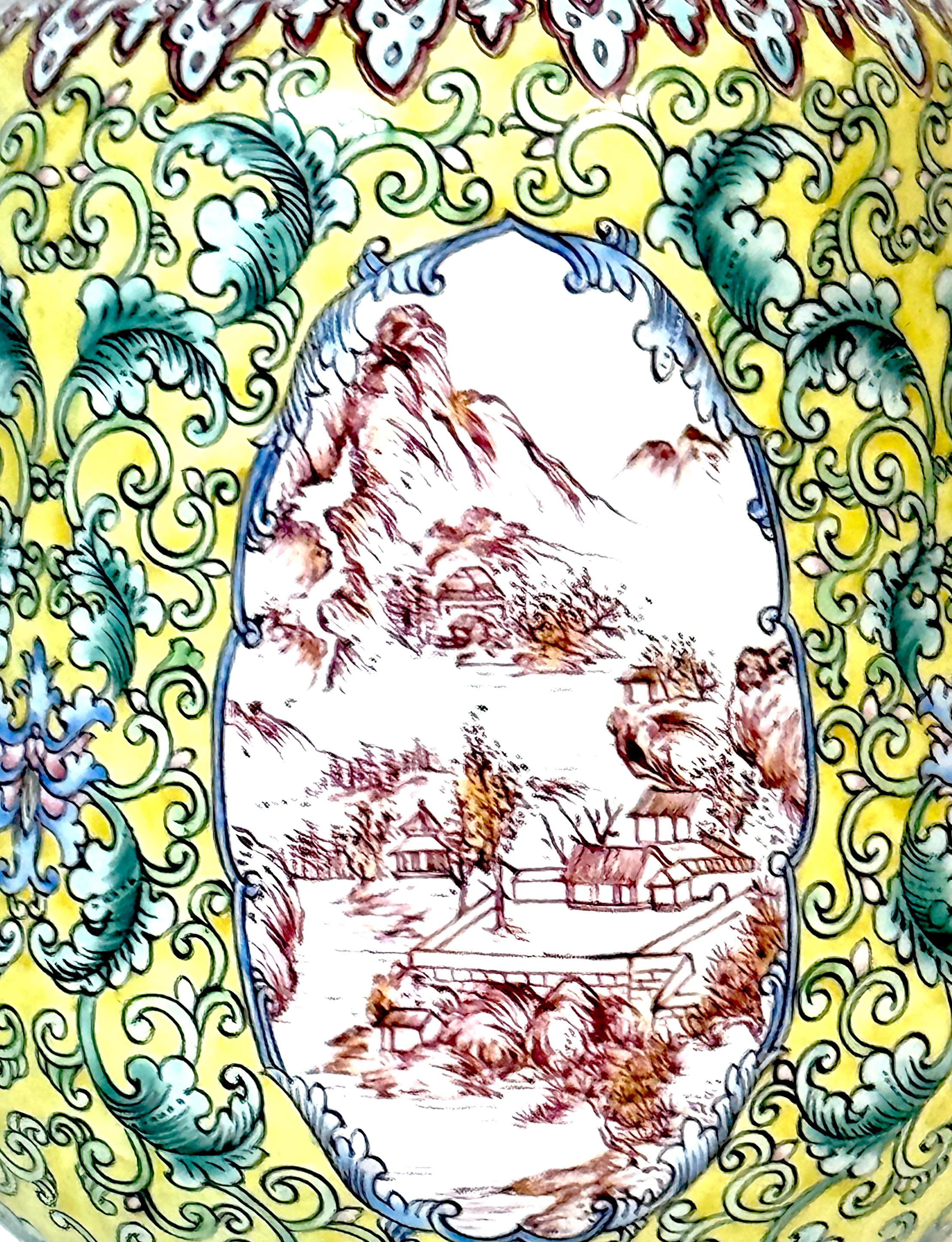 Chinese Canton Enamel Baluster Vase & Cover with 4 Landscape Reserves, 20th C. For Sale 1