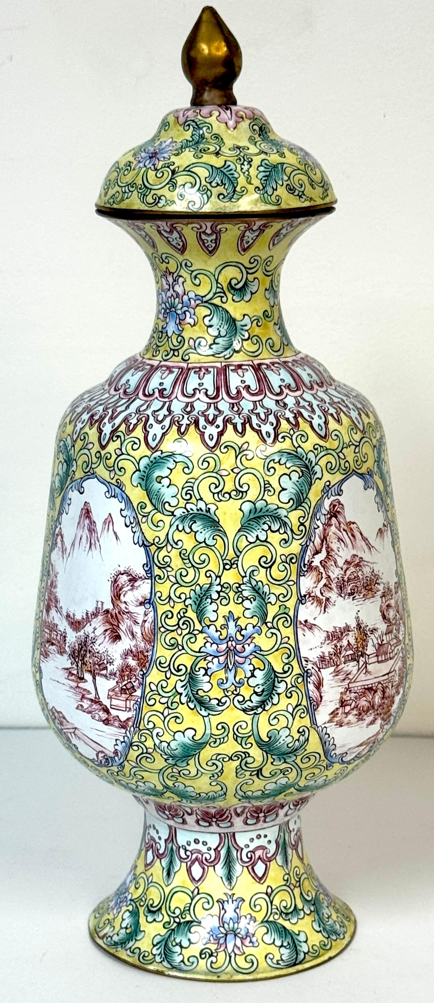 Chinese Canton Enamel Baluster Vase & Cover with 4 Landscape Reserves, 20th C. For Sale 2