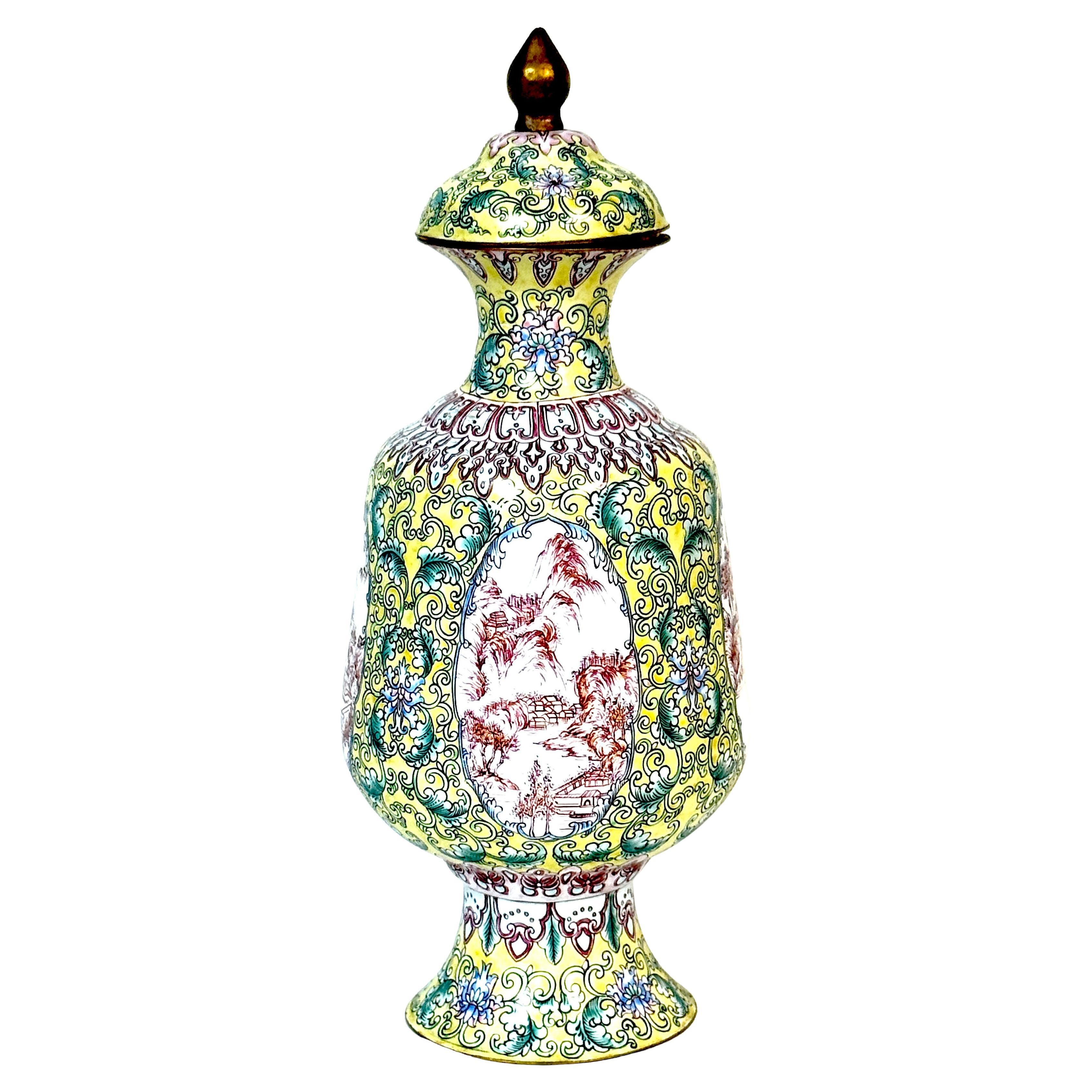 Chinese Canton Enamel Baluster Vase & Cover with 4 Landscape Reserves, 20th C. For Sale