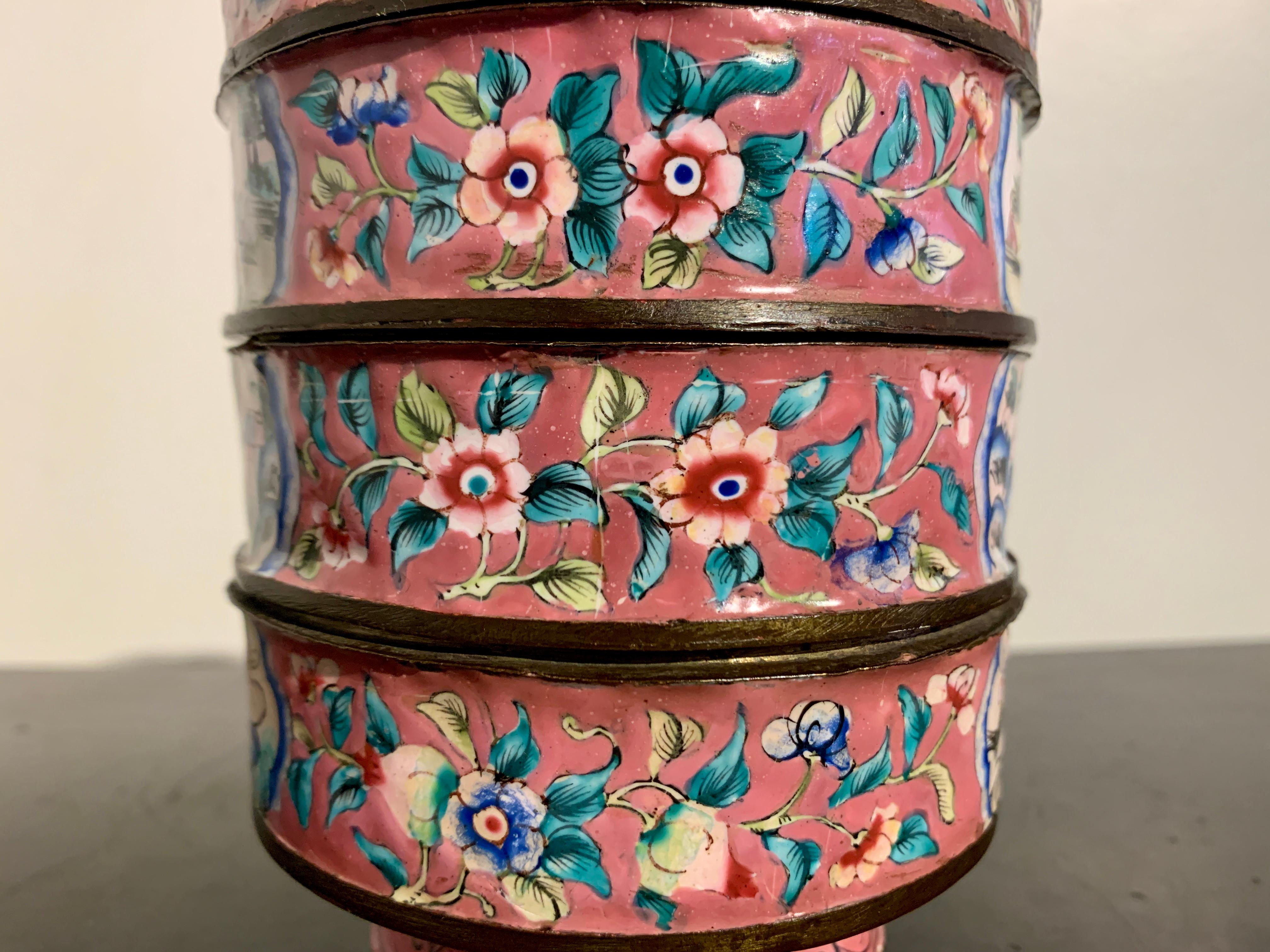 Copper Chinese Canton Enamel Round Stacking Boxes and Cover, circa 1900, China For Sale
