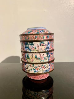 Chinese Canton Enamel Round Stacking Boxes and Cover, circa 1900, China