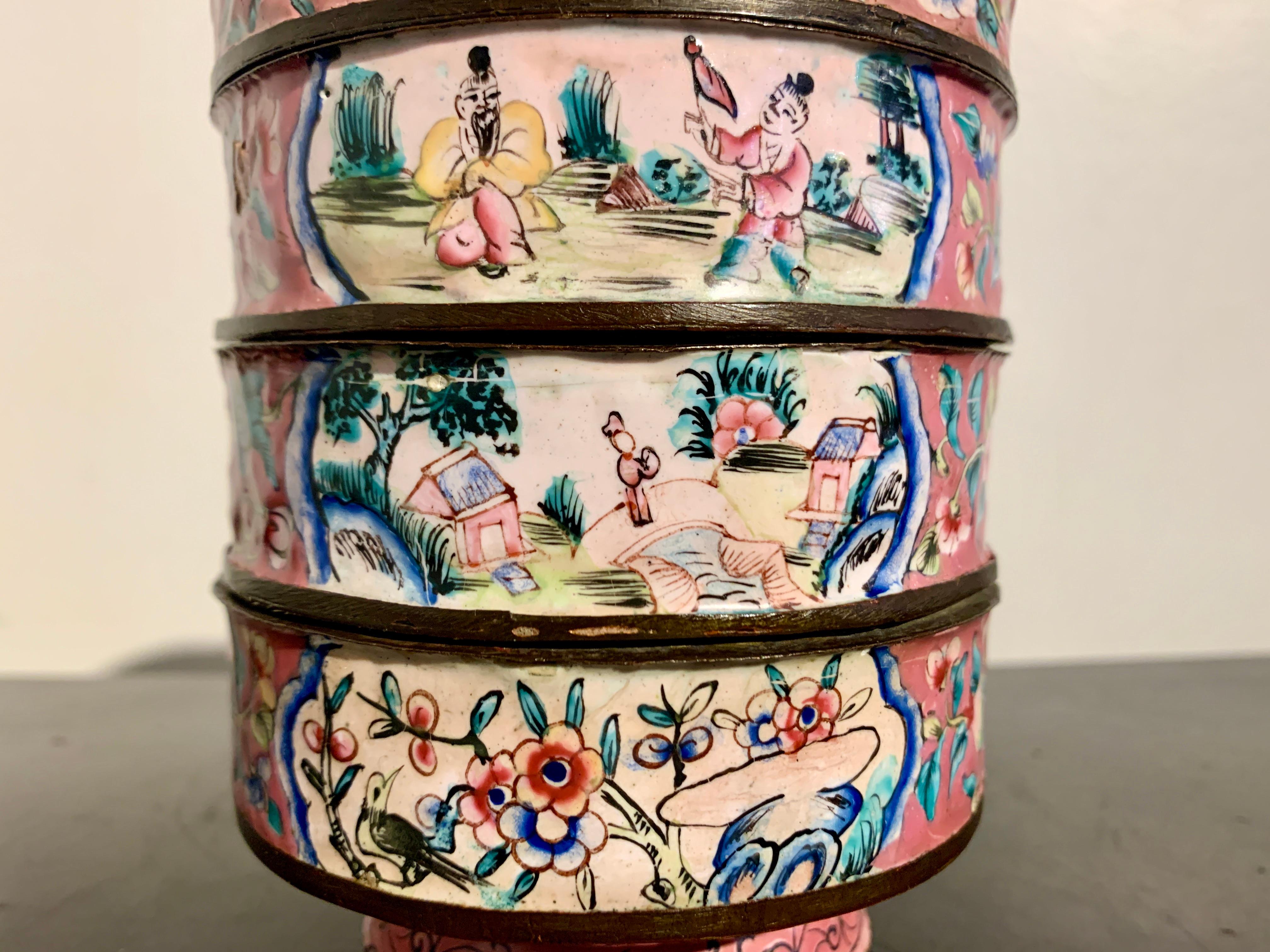 Early 20th Century Chinese Canton Enamel Round Stacking Boxes and Cover, circa 1900, China For Sale