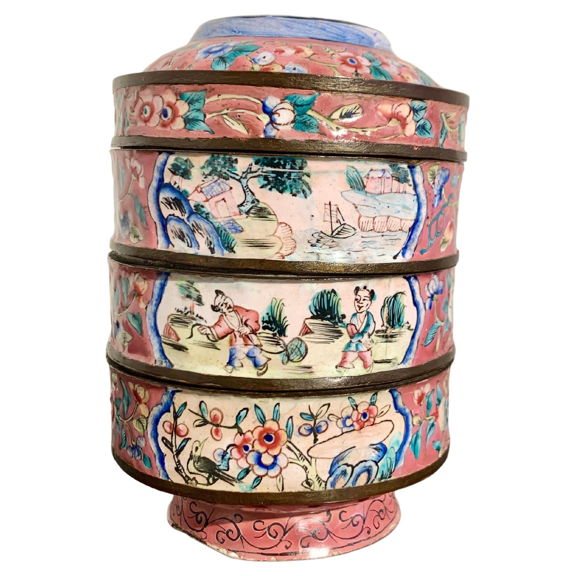 Chinese Canton Enamel Round Stacking Boxes and Cover, circa 1900, China For Sale