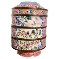 Antique Chinese Canton Enamel Round Stacking Boxes and Cover, circa 1900, China