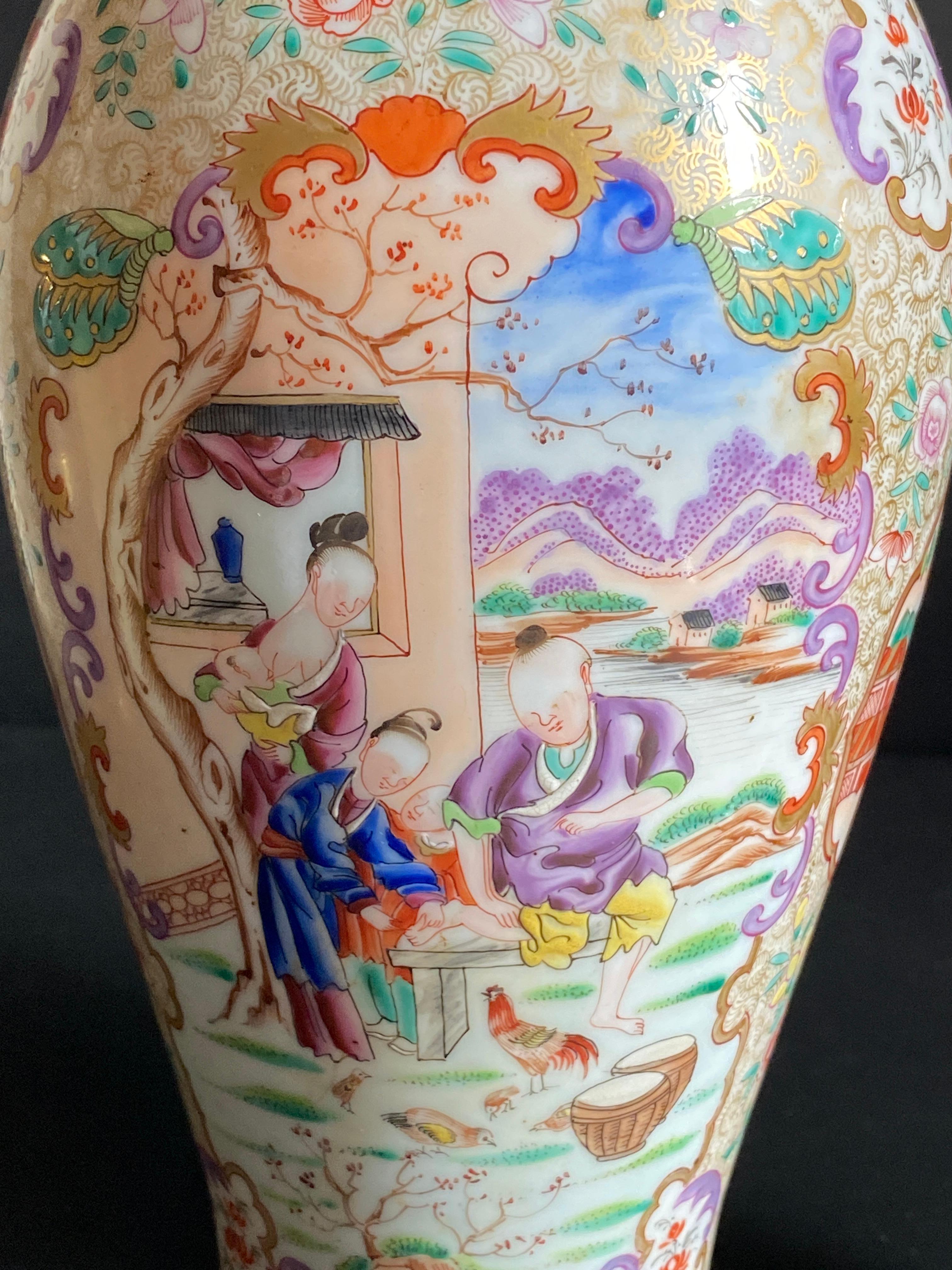 Pareja de lámparas de aceite con jarrón chino CANTON FAMILLE ROSE Siglo XIX en venta 4