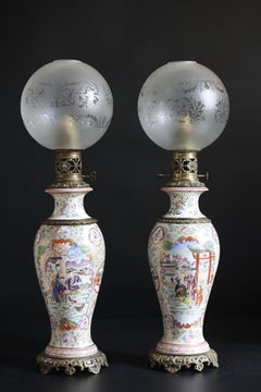 Chinese Canton Famille Rose Vase Oil Lantern Lamps Pair 19th Century