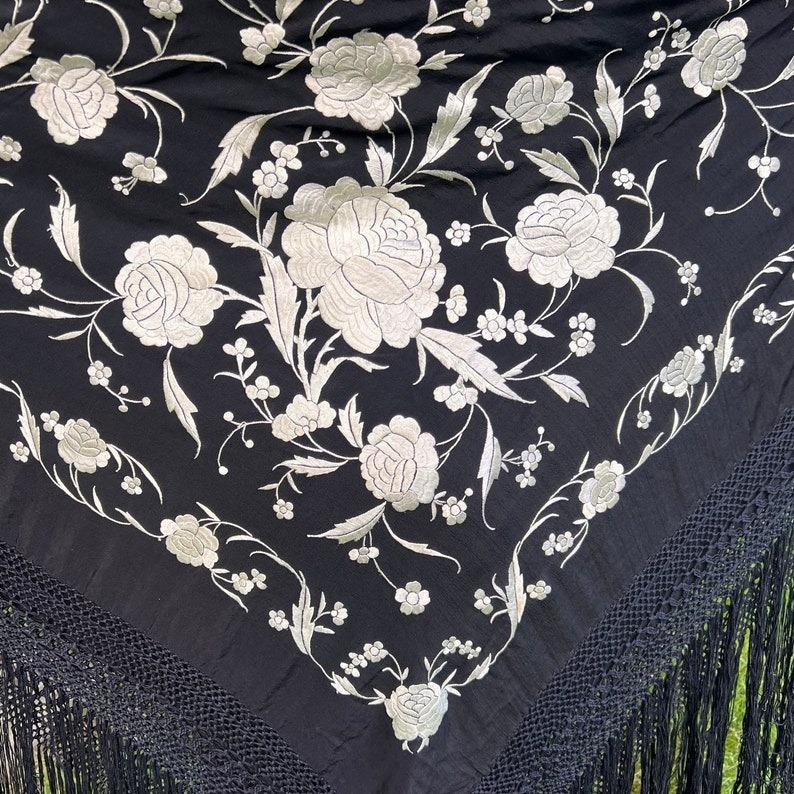 Chinese Canton Hand Embroidered Silk Shawl Panel with Fringe 1