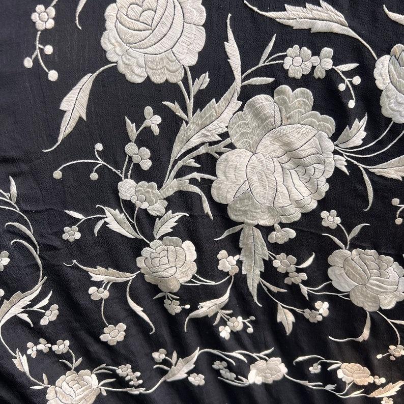 Chinese Canton Hand Embroidered Silk Shawl Panel with Fringe 2