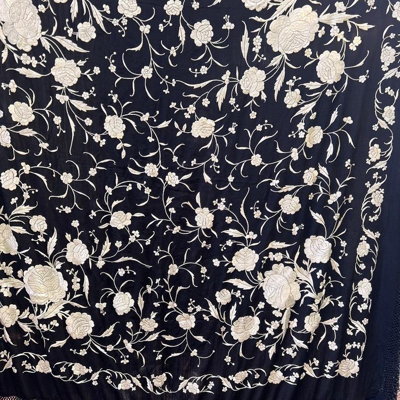 Chinese Canton Hand Embroidered Silk Shawl Panel with Fringe 5