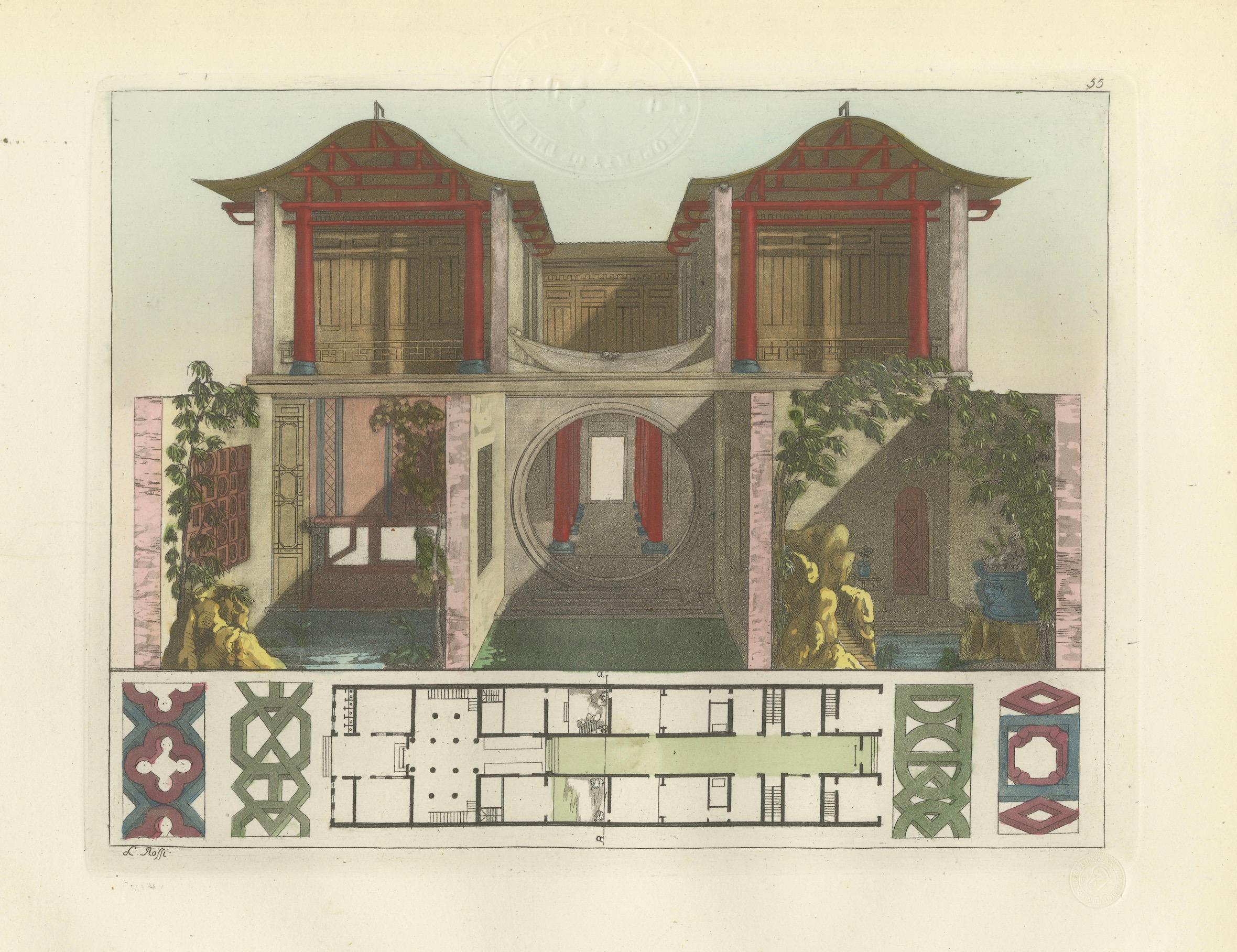Chinese Canton House Architectural Elevation and Floor Plan, Ferrario 1815