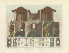 Alzado arquitectónico y plano de planta de la casa china de Cantón, Ferrario 1815