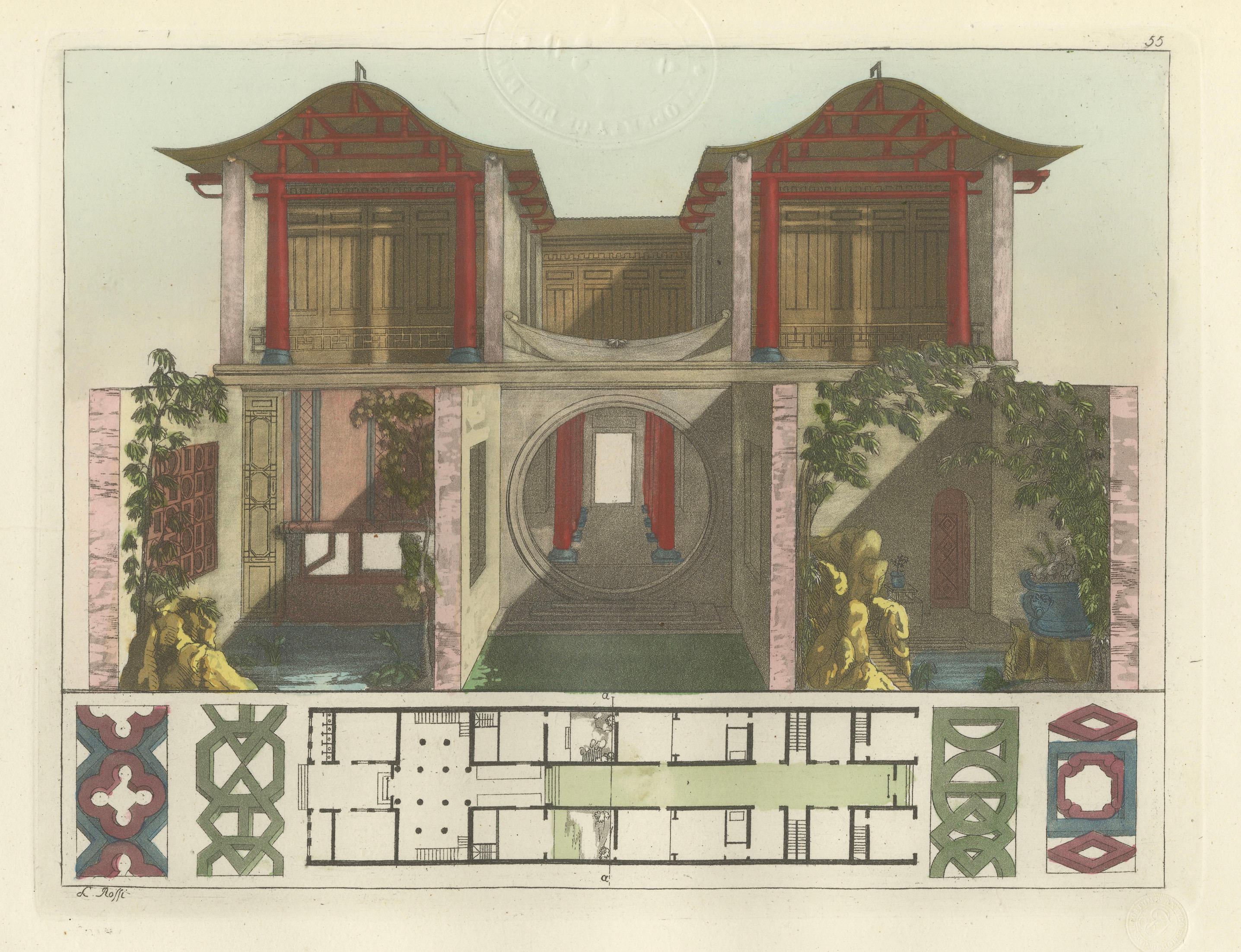 Chinese Canton House Architectural Elevation and Floor Plan, Ferrario 1815