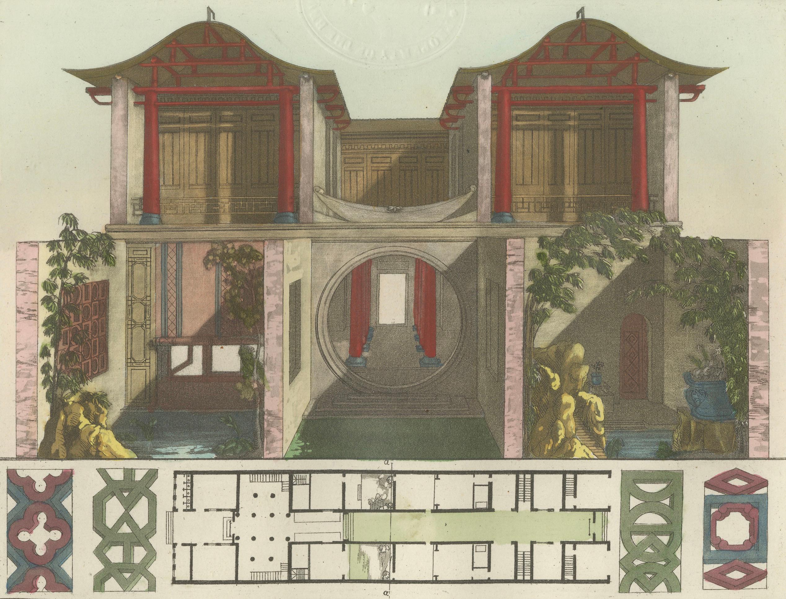 Chinese Canton House Architectural Elevation and Floor Plan, Ferrario 1815