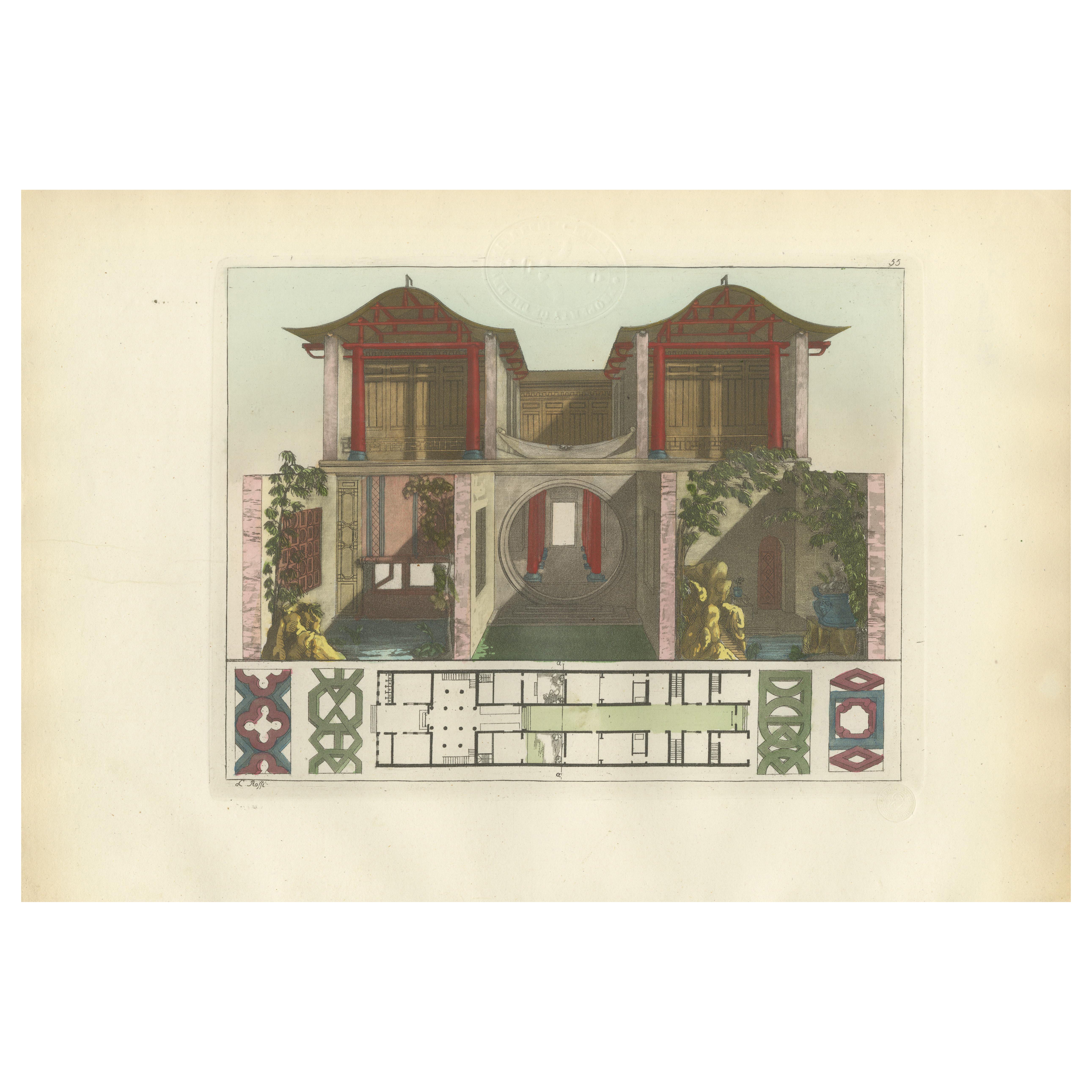 Chinese Canton House Architectural Elevation and Floor Plan, Ferrario 1815