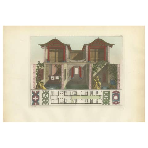Chinese Canton House Architectural Elevation and Floor Plan, Ferrario 1815