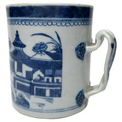 Antique Chinese Canton Porcelain Blue White Cantonese Tankard Mug Quianlong 18th Century