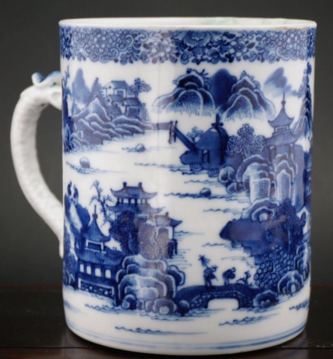 18th Century and Earlier Chinese Canton Porcelain Blue White Dragon Tankard Mug Qianlong 18th Century