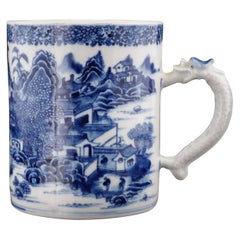 Chinesisch Kanton Porzellan Blau Weiß Dragon Tankard Becher Qianlong 18