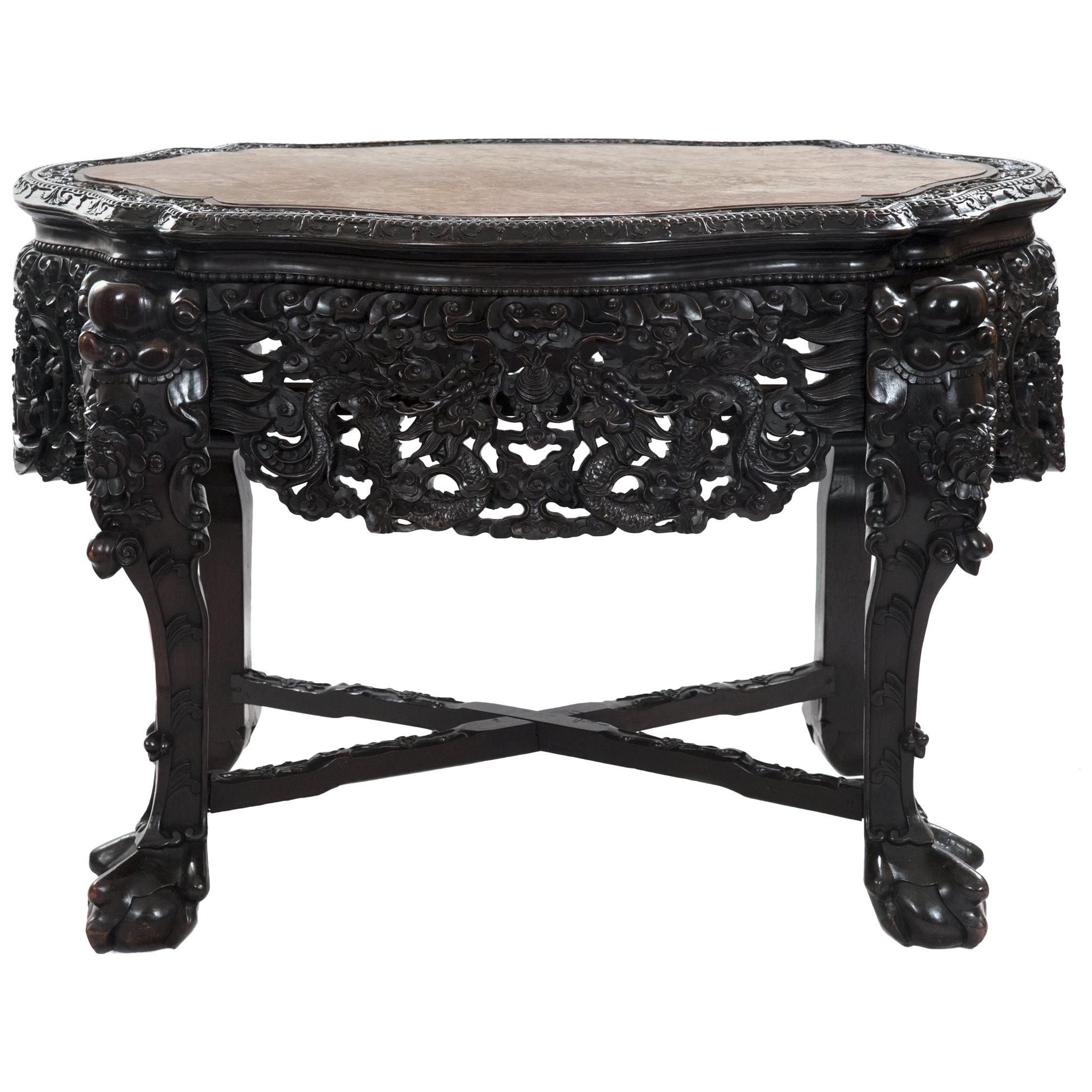 Chinese Captured-Top Carved Rosewood Marble Table