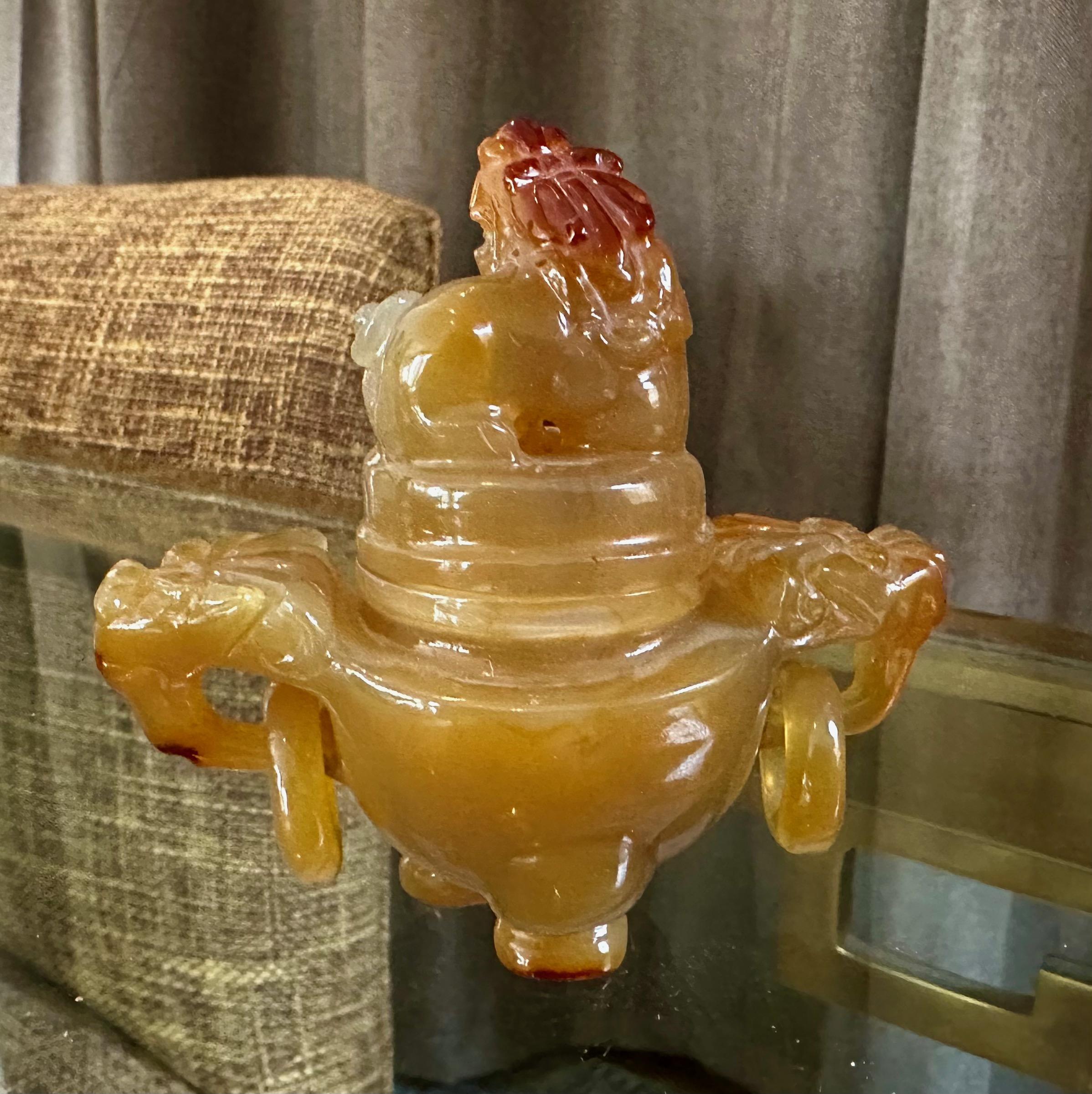 Chinese Carnelian Agate Fu Dog Incense Burner Sculpture In Good Condition For Sale In Palm Springs, CA