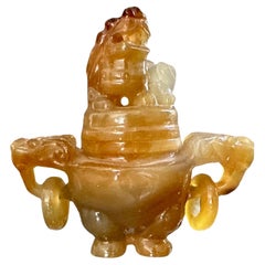 Used Chinese Carnelian Agate Fu Dog Incense Burner Sculpture