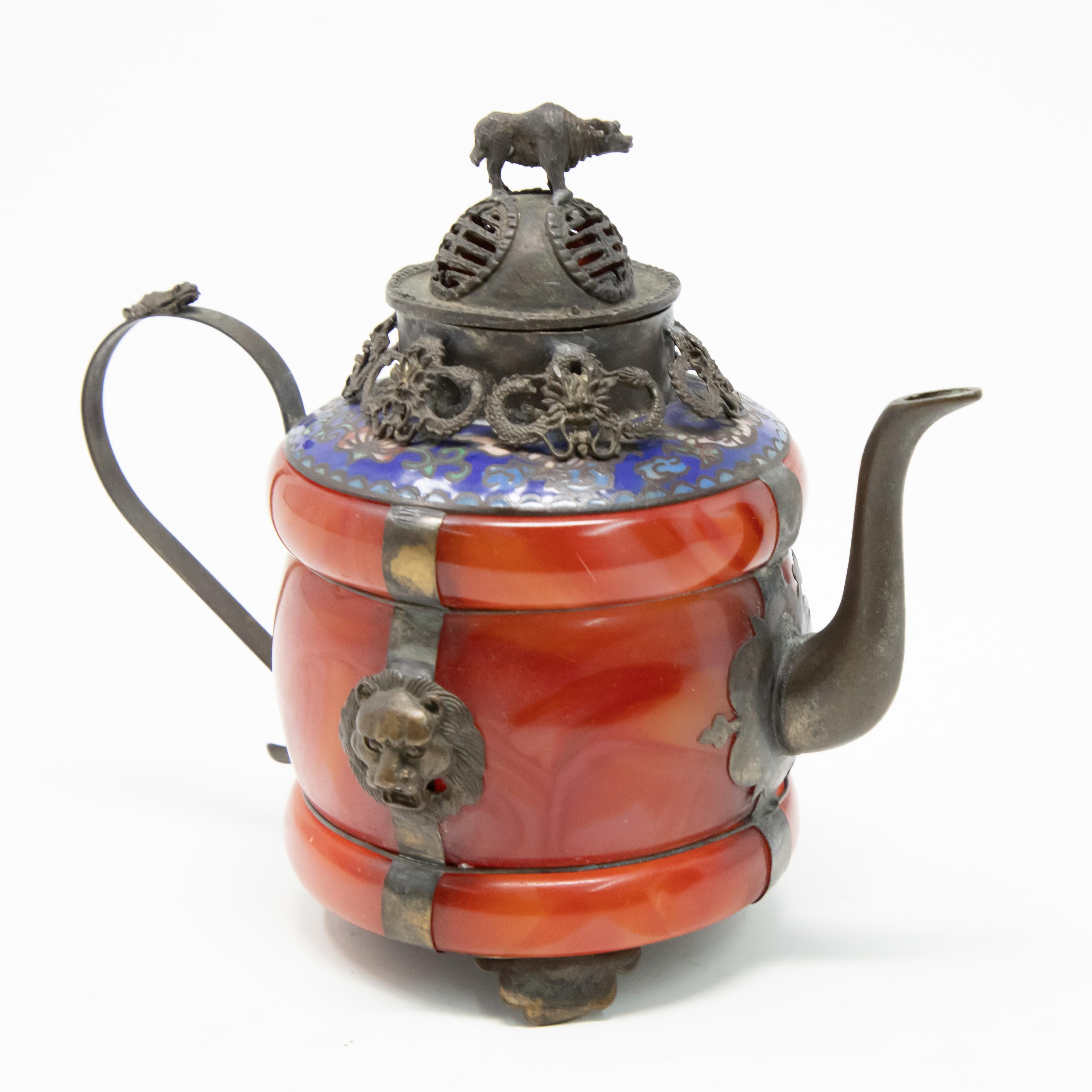 Chinoiserie Chinese Carnelian and Enamel with Bronze Filigree Teapot For Sale