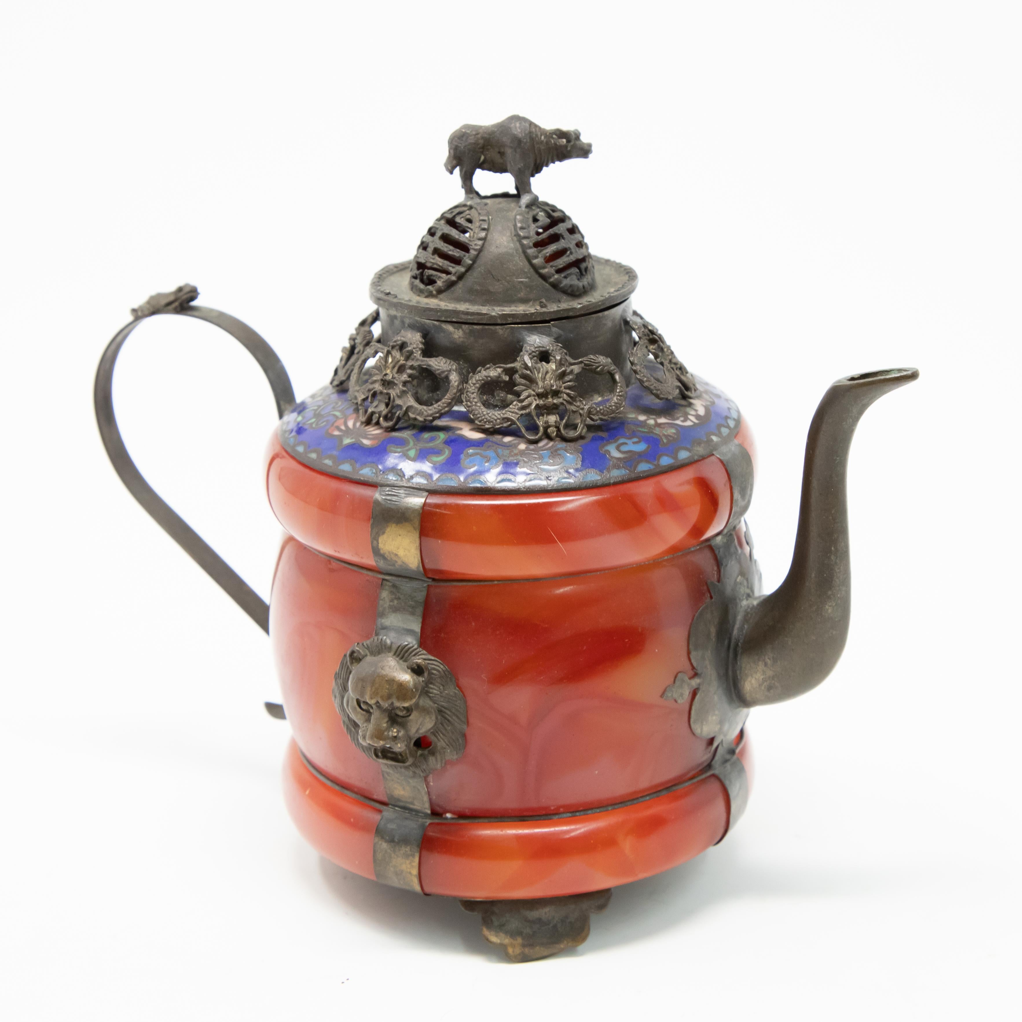 Hand-Painted Chinese Carnelian and Enamel with Bronze Filigree Teapot For Sale