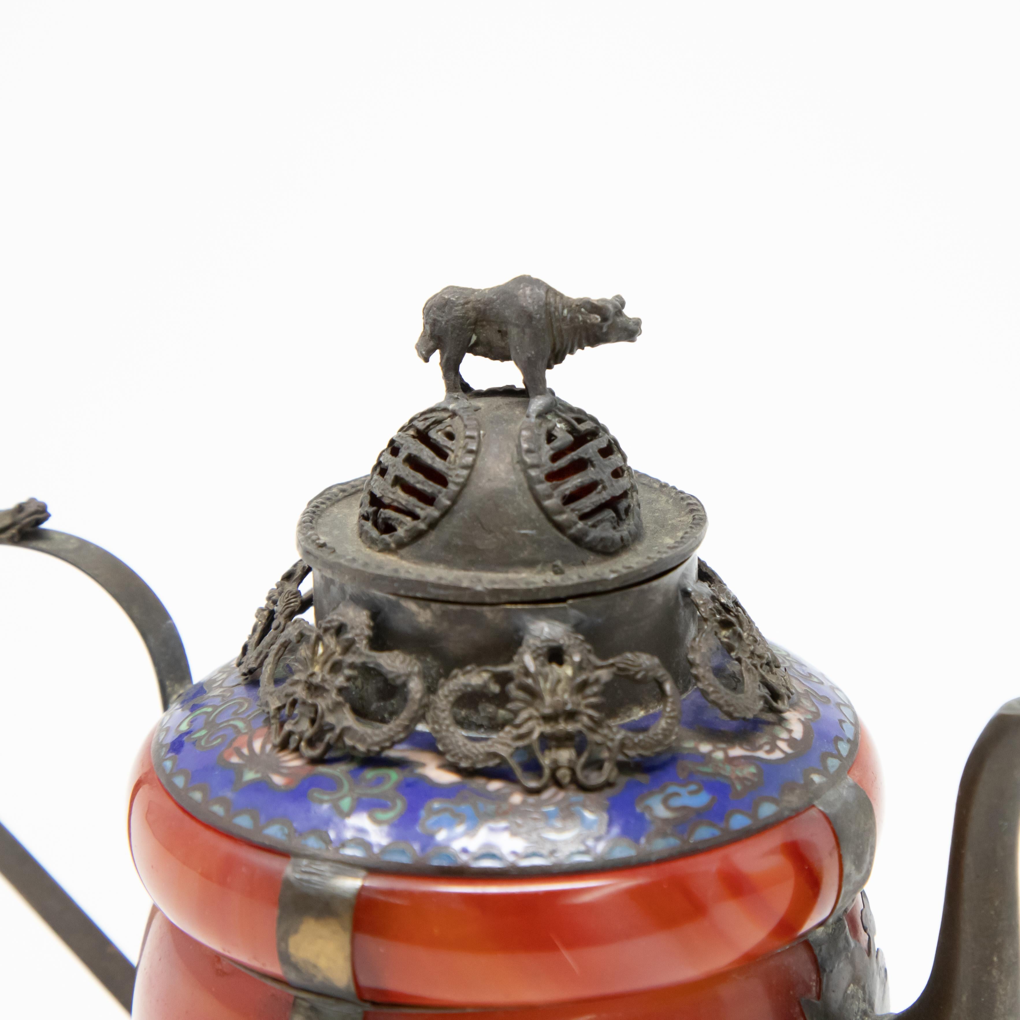 Chinese Carnelian and Enamel with Bronze Filigree Teapot In Fair Condition For Sale In Cookeville, TN