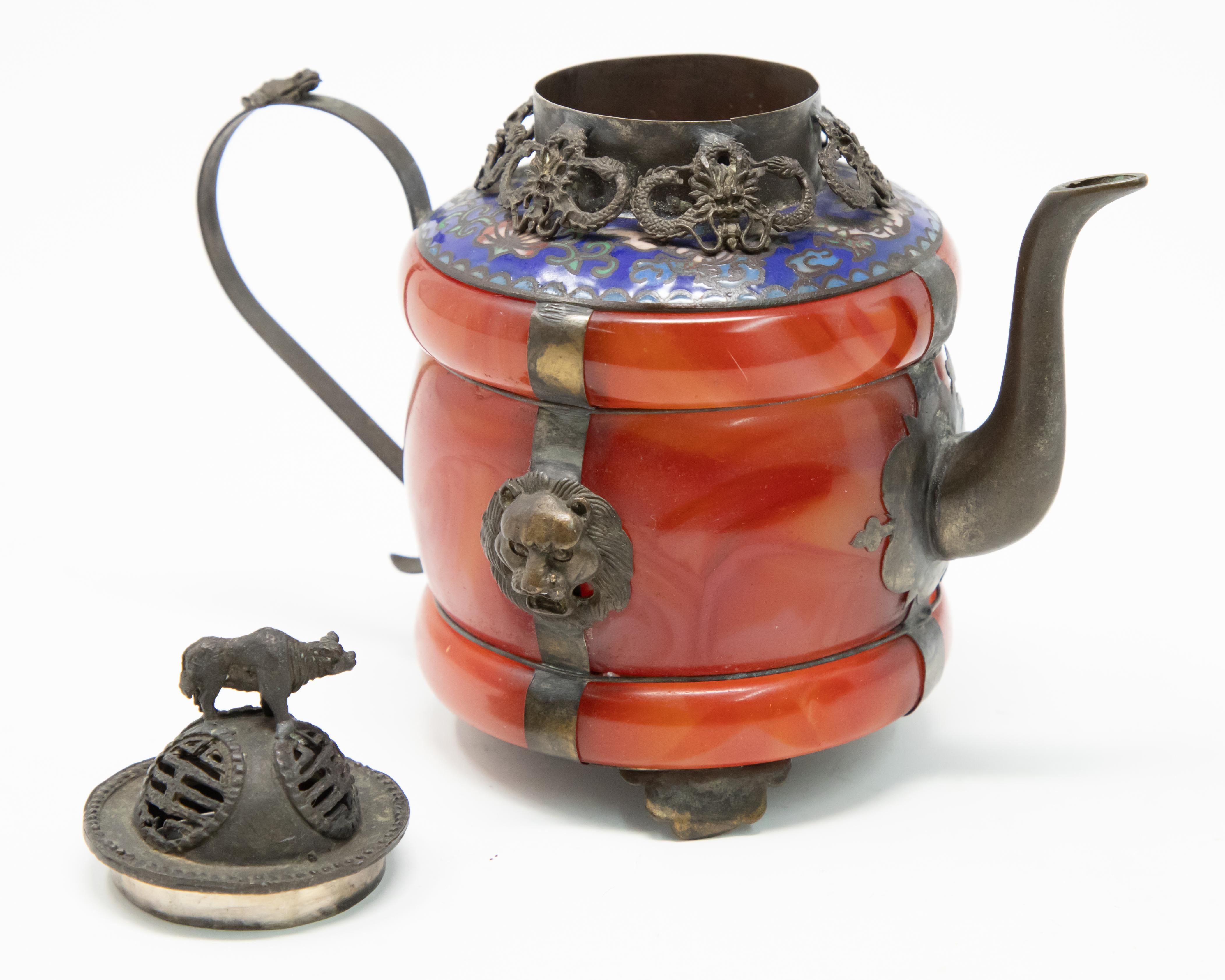 20th Century Chinese Carnelian and Enamel with Bronze Filigree Teapot For Sale