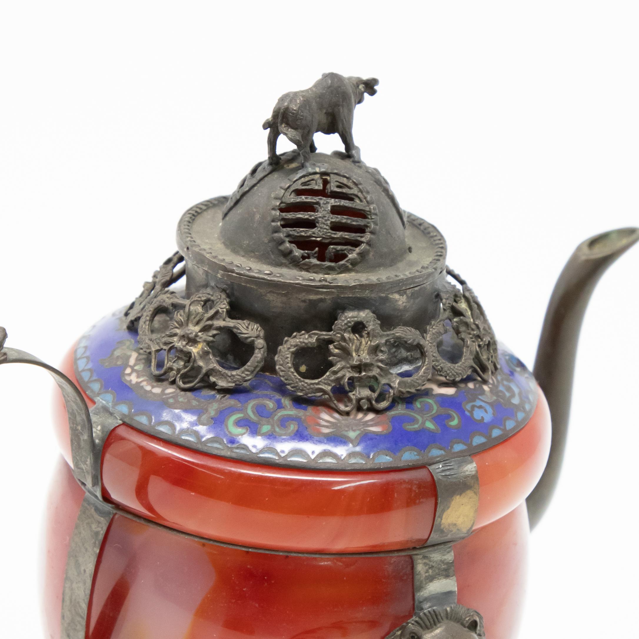Chinese Carnelian and Enamel with Bronze Filigree Teapot For Sale 1