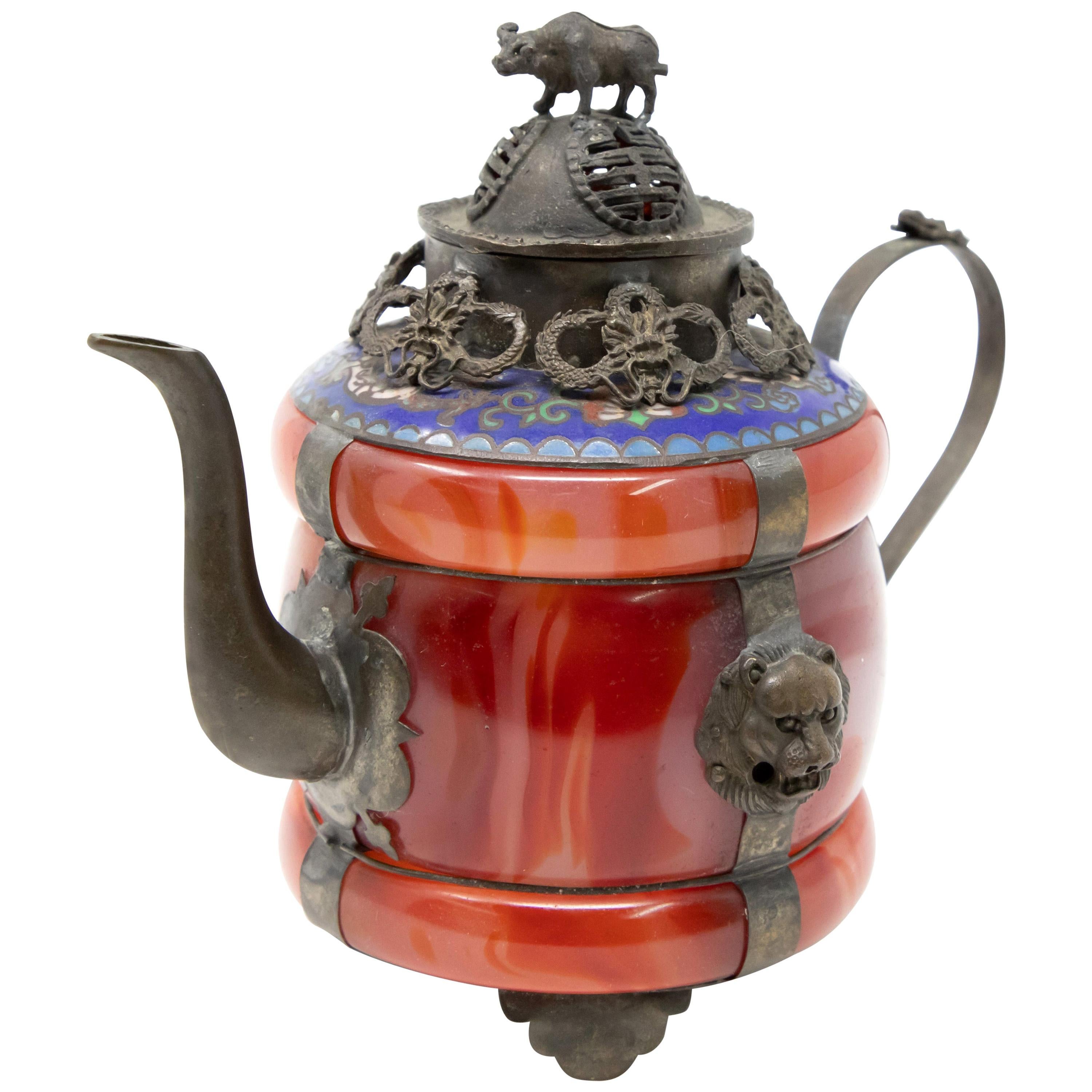 Chinese Carnelian and Enamel with Bronze Filigree Teapot For Sale